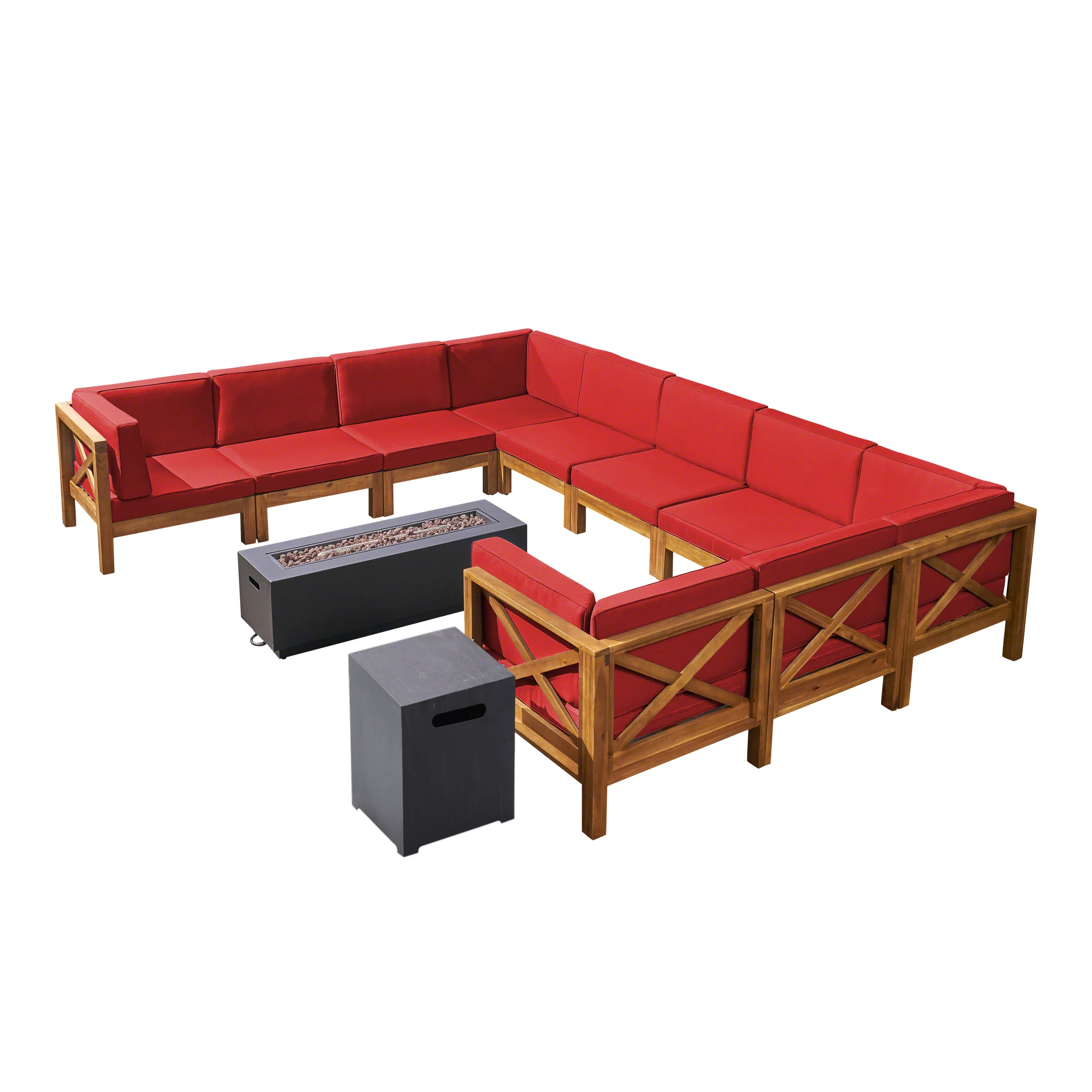Lorelei Outdoor Acacia Wood 10 Seater U-Shaped Sectional Sofa Set with Fire Pit - furnishings
