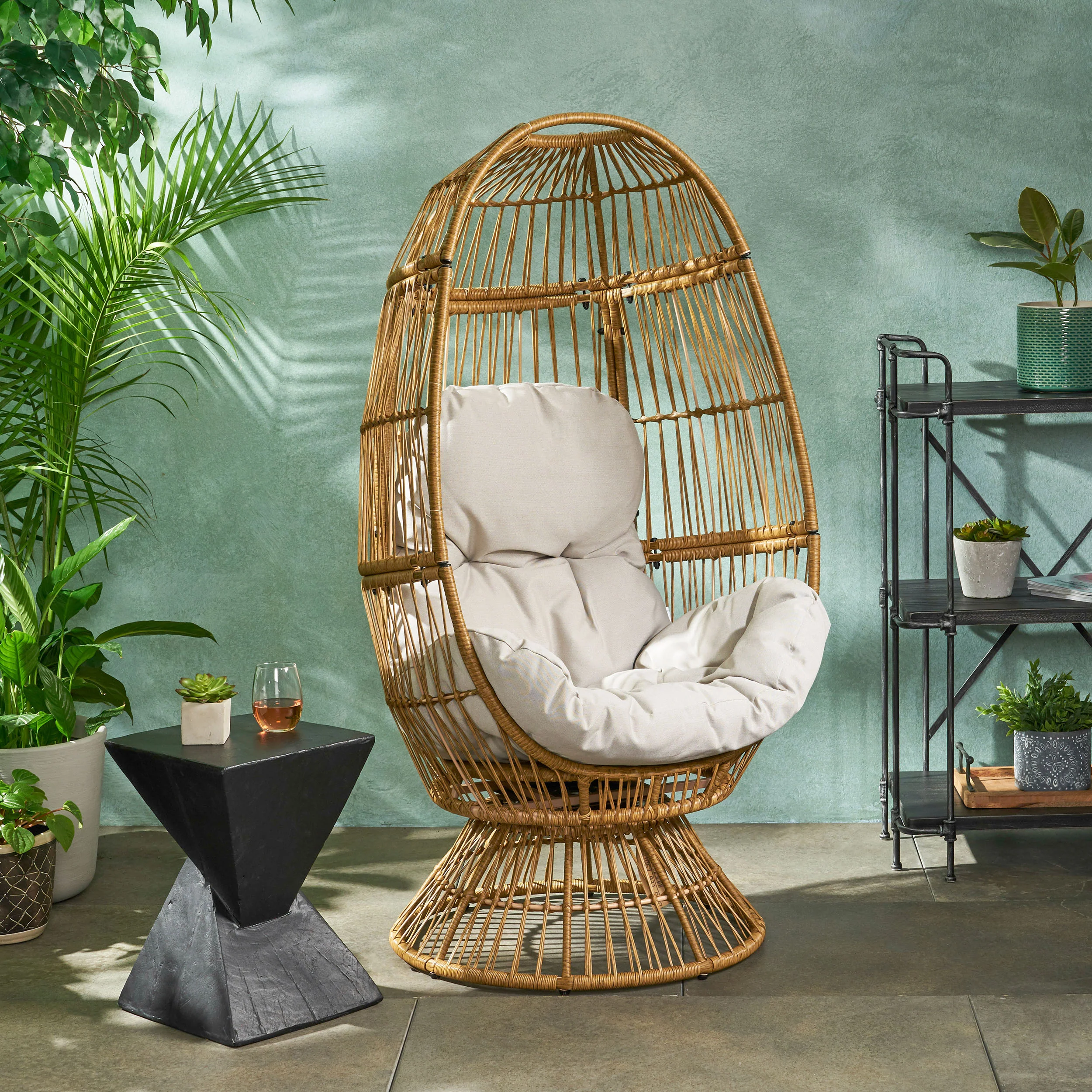 Aceson Outdoor Freestanding Wicker Swivel Egg Chair - furnishings