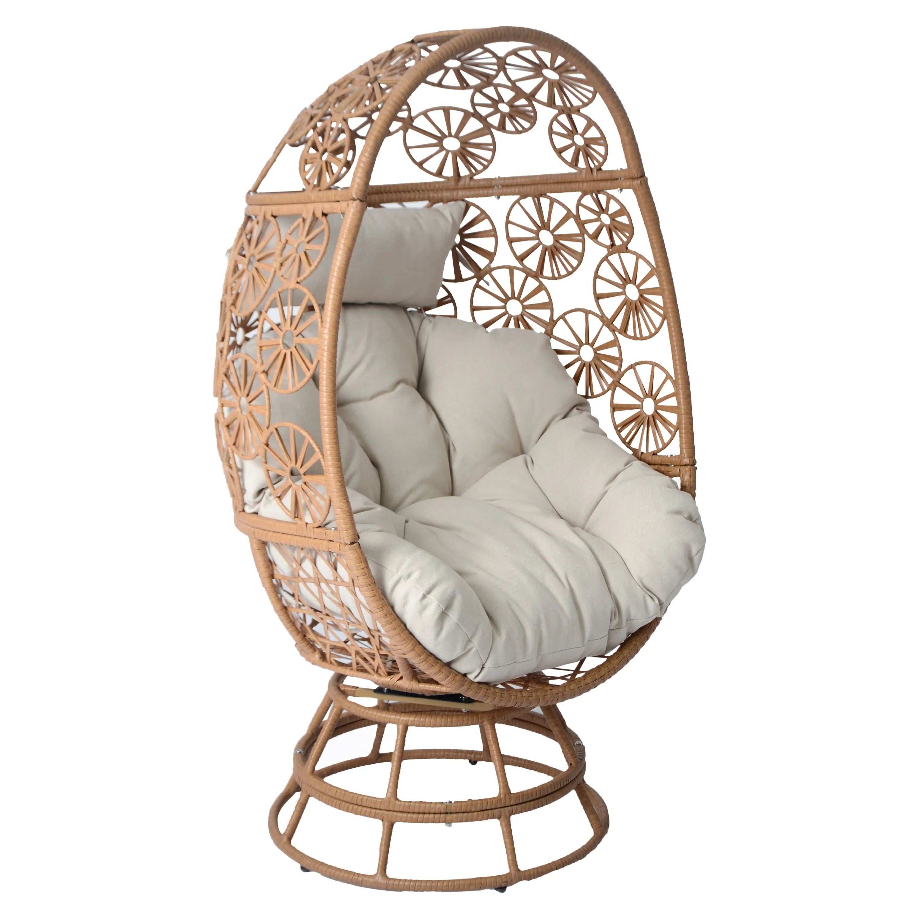 Ondina Outdoor Patio Swivel Egg Basket Chair, Beige + Brown - furnishings
