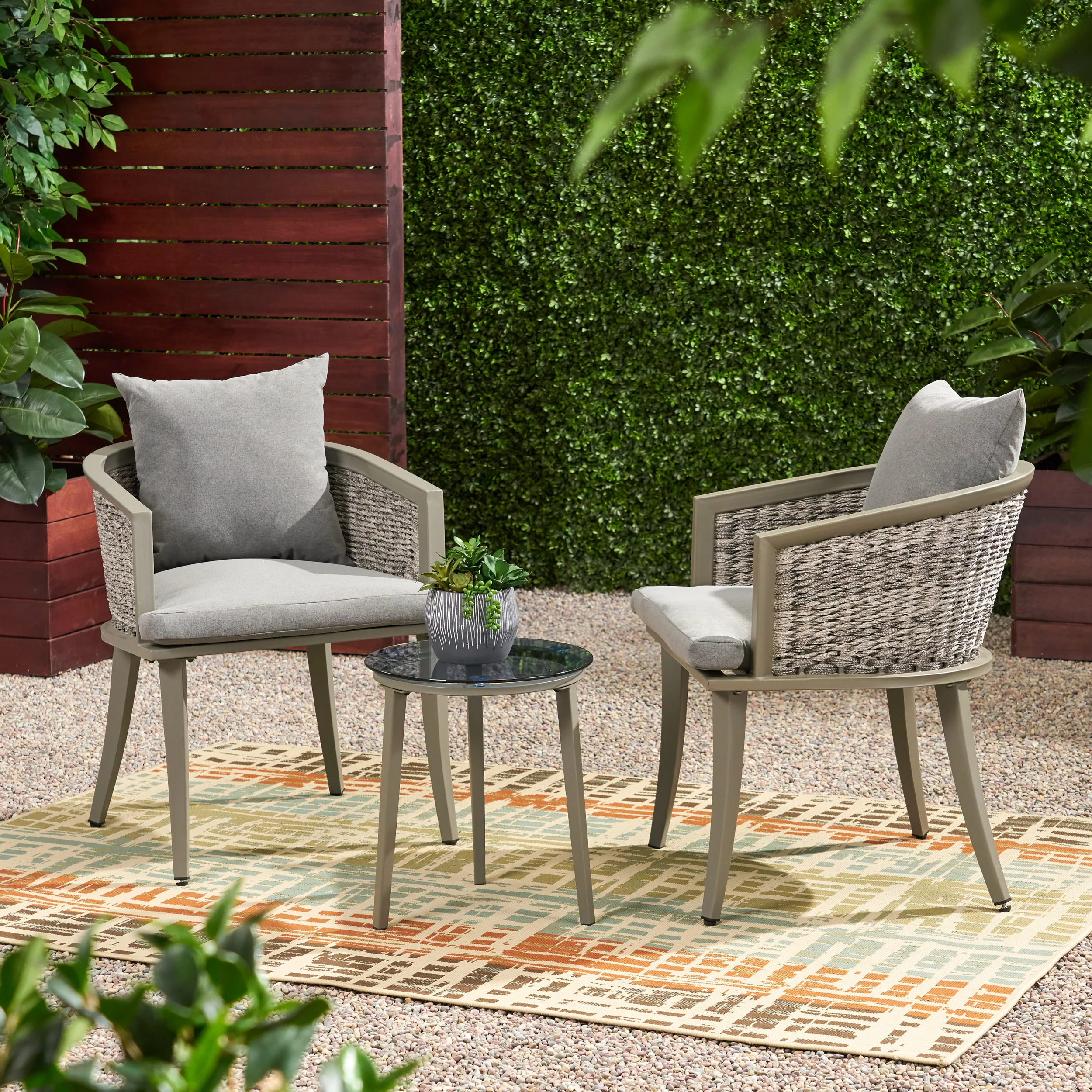 Kalyiah Outdoor Boho Wicker Chat Set with Side Table - furnishings