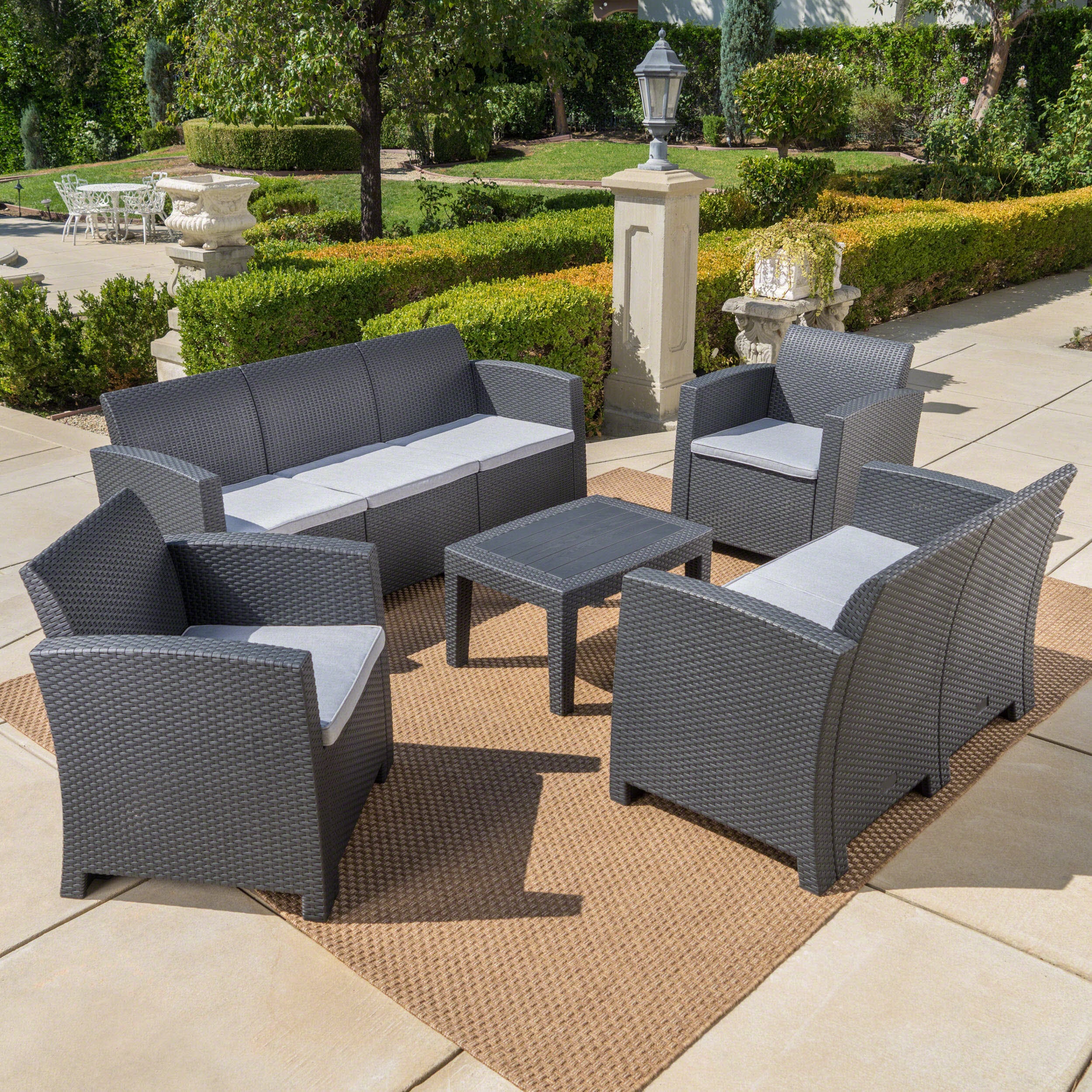 Dayton Outdoor 5 Piece Faux Wicker Rattan Chat Set with Sofa and Water Resistant Cushions - furnishings