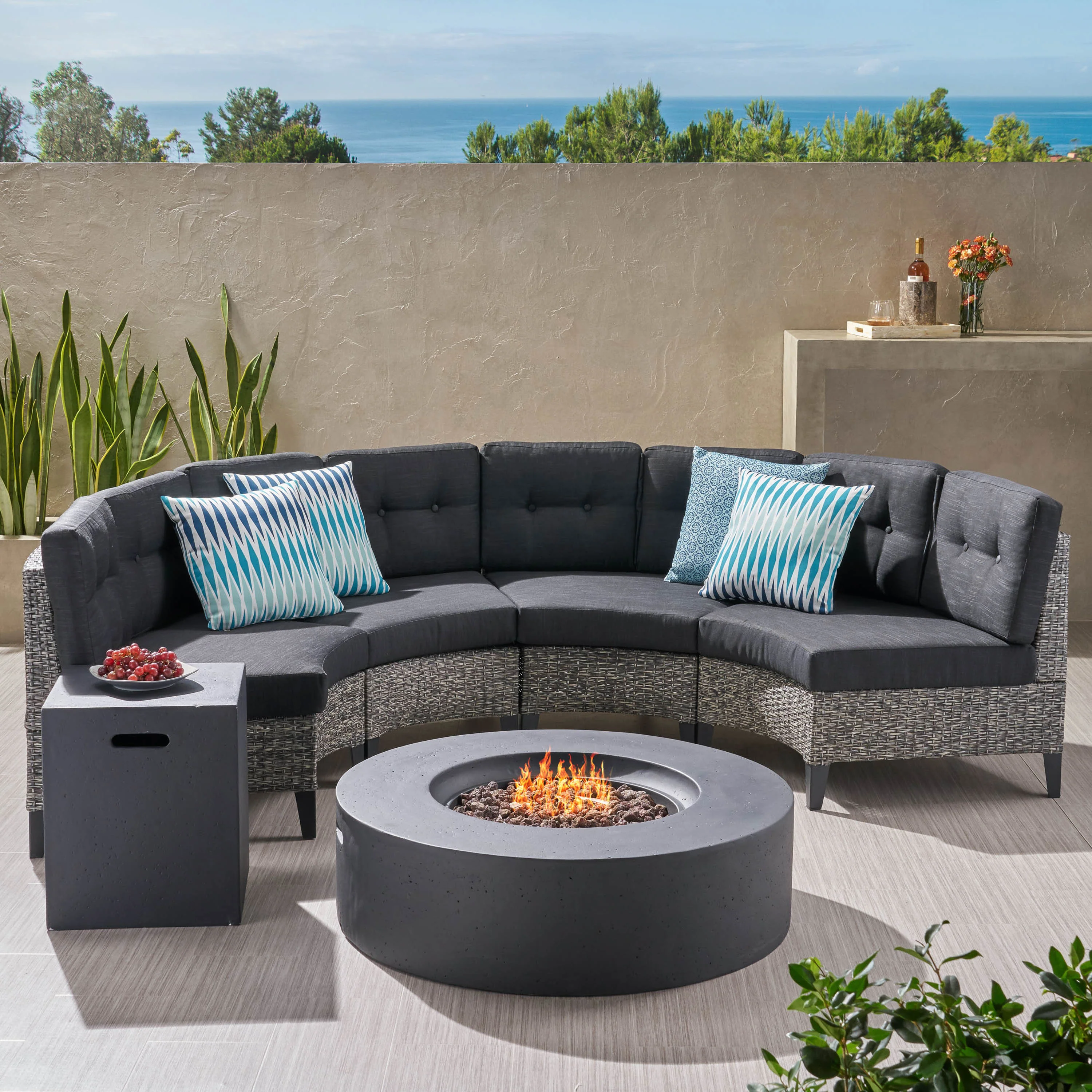 Nessett Outdoor 6 Piece Mixed Black Wicker Half Round Sofa Set with Dark Grey Fire Table - furnishings