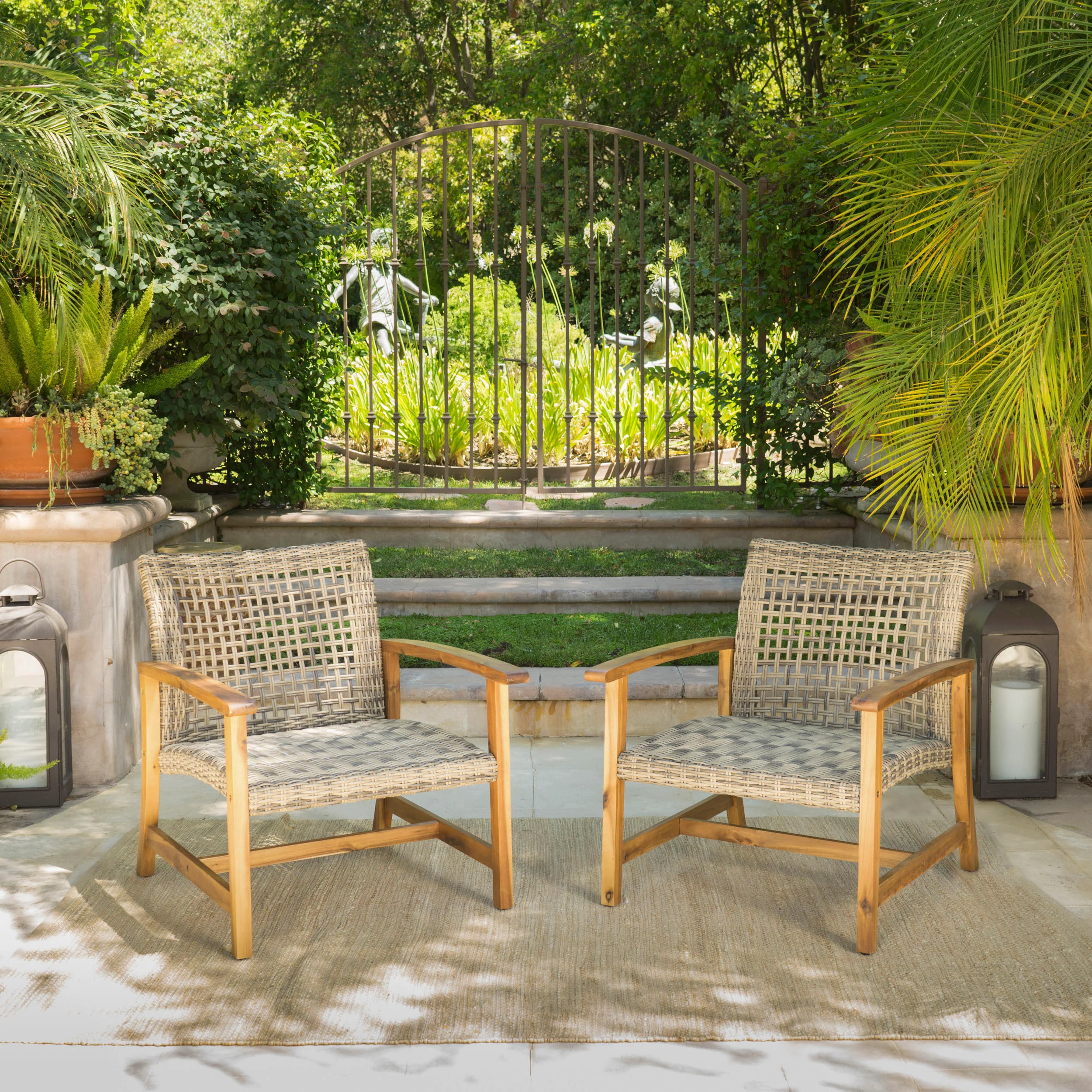 Savannah Outdoor Mid Century Acacia Wood Frame Wicker Club Chairs (Set of 2) - furnishings