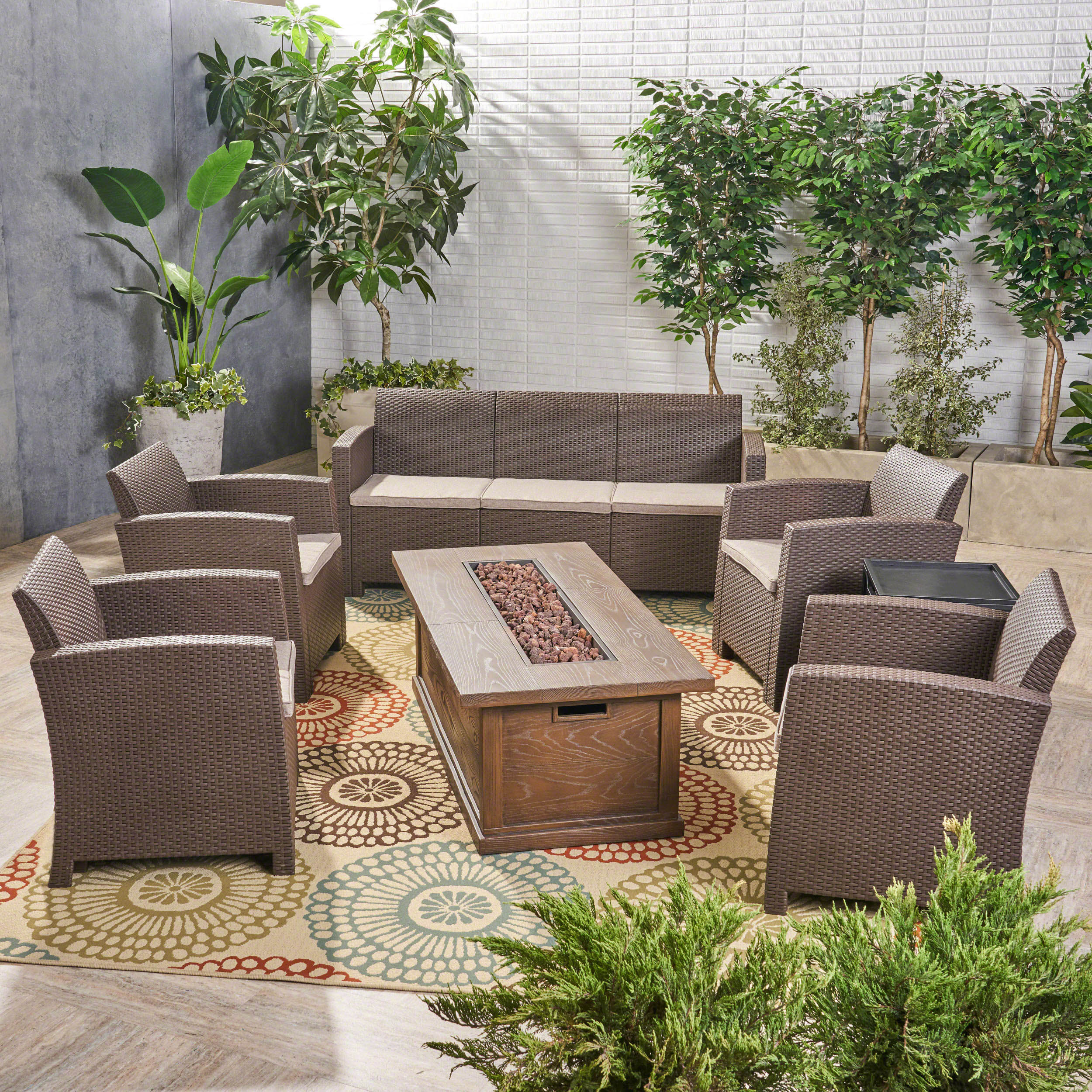 Melik Outdoor 7-Seater Wicker Print Chat Set with Fire Pit and Tank Holder - furnishings