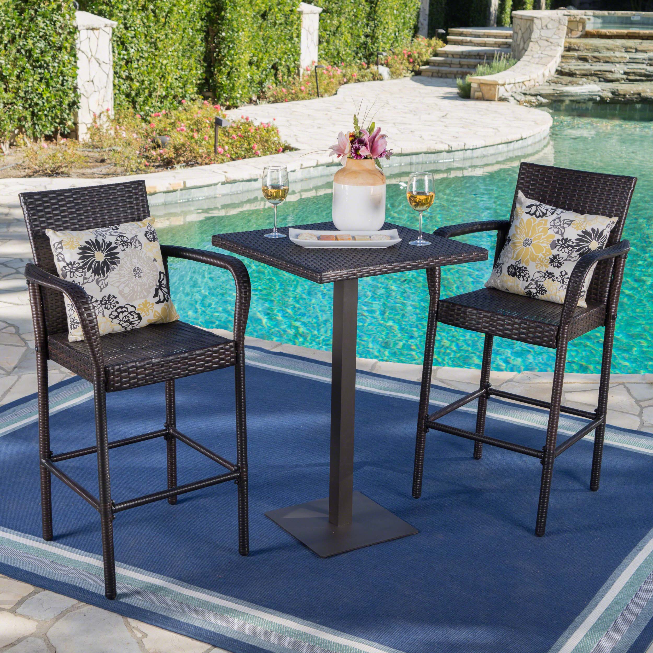 Lamar Outdoor 3 Piece Square Multi-brown Wicker Bar Set - furnishings