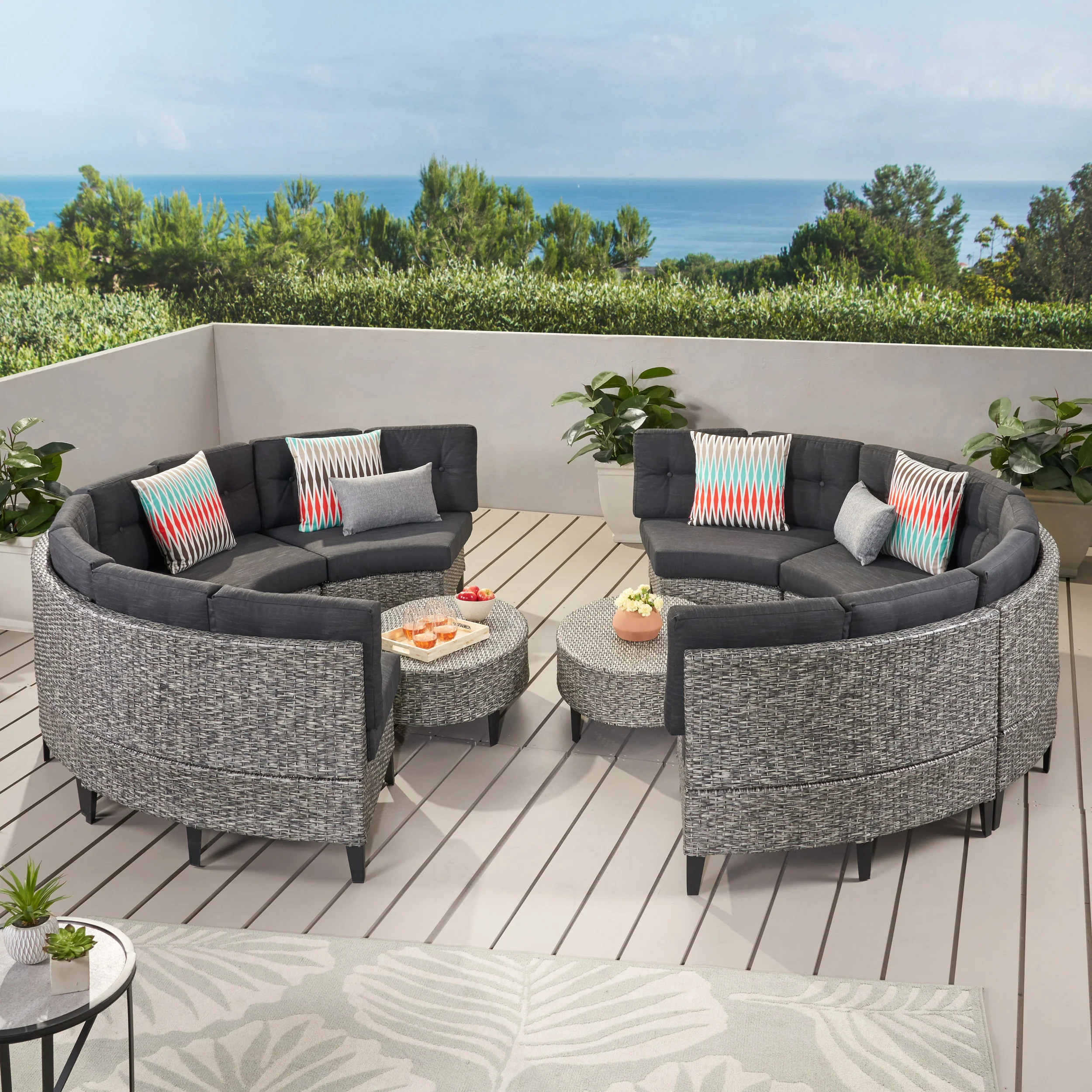 Currituck Outdoor 10 Piece Mixed Black Wicker Sofa Set with Dark Grey Water Resistant Fabric Cushions - furnishings