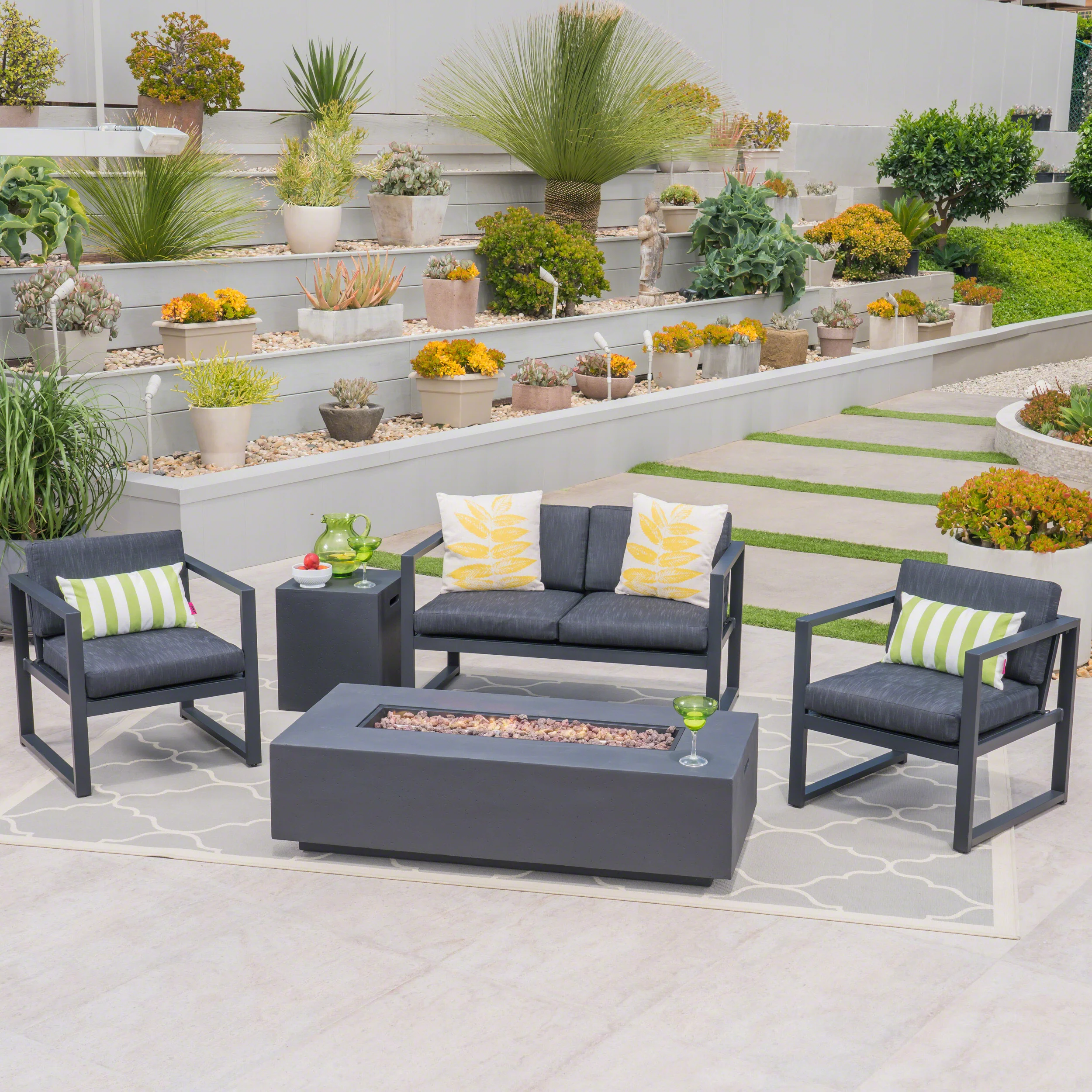 Nealie Outdoor 4-Seater Aluminum Chat Set with Fire Pit and Tank Holder - furnishings
