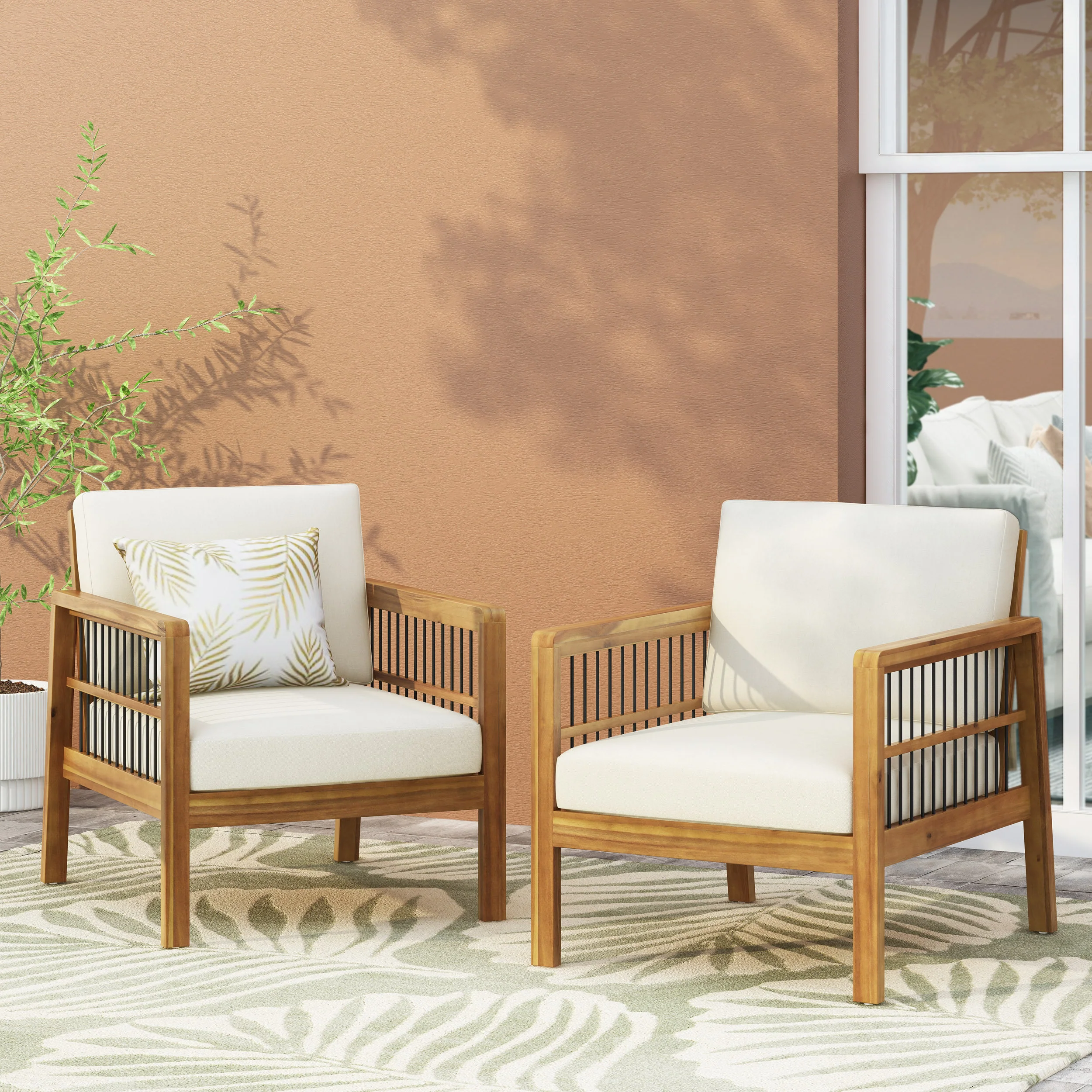 Sagewood Outdoor Acacia Wood Club Chairs with Cushions, Set of 2, Teak and Beige - furnishings