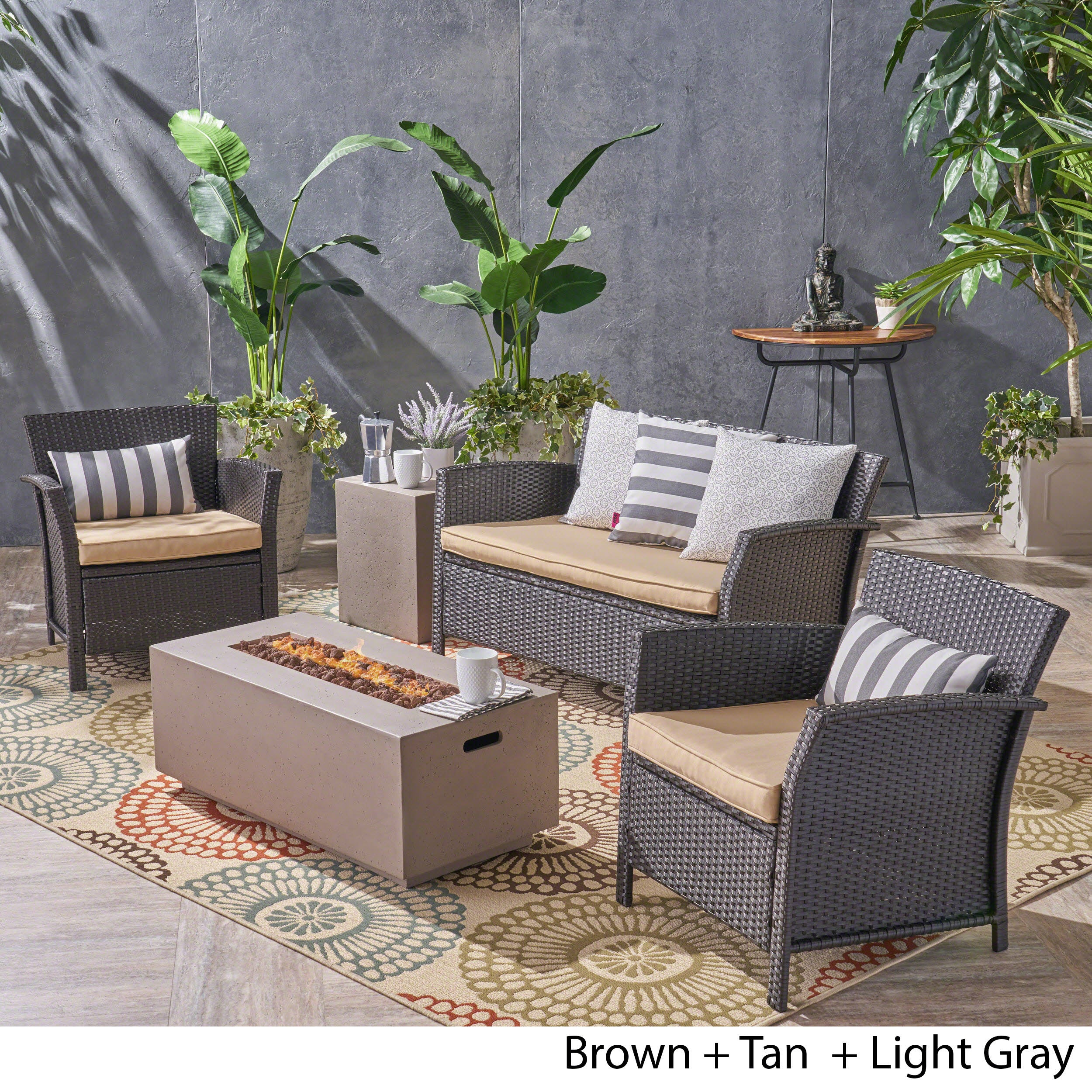 Laiah Outdoor 4 Seater Wicker Chat Set with Fire Pit - furnishings