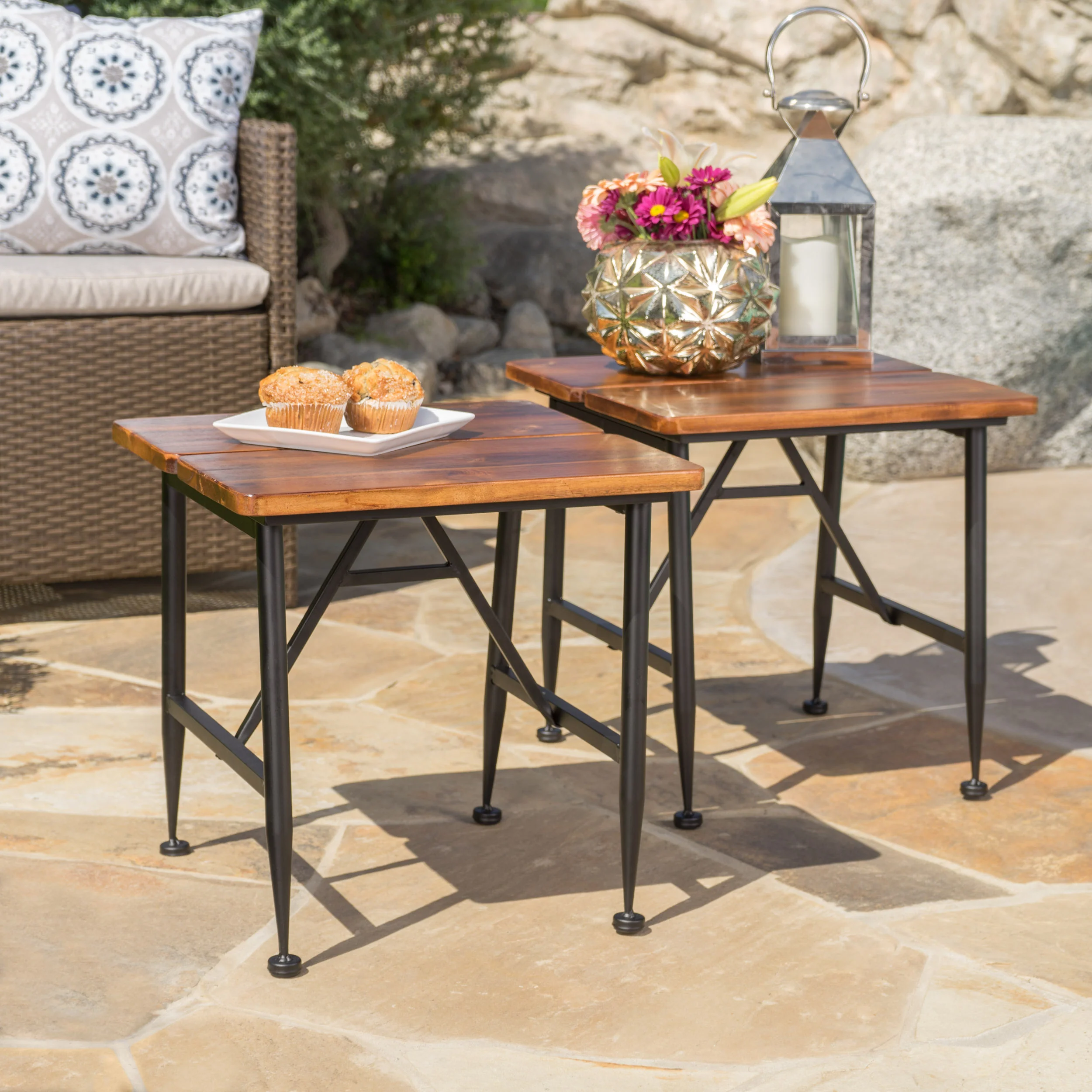 Ellaria Rustic Industrial Acacia Wood Accent Table with Metal Frame, Teak and Black - furnishings