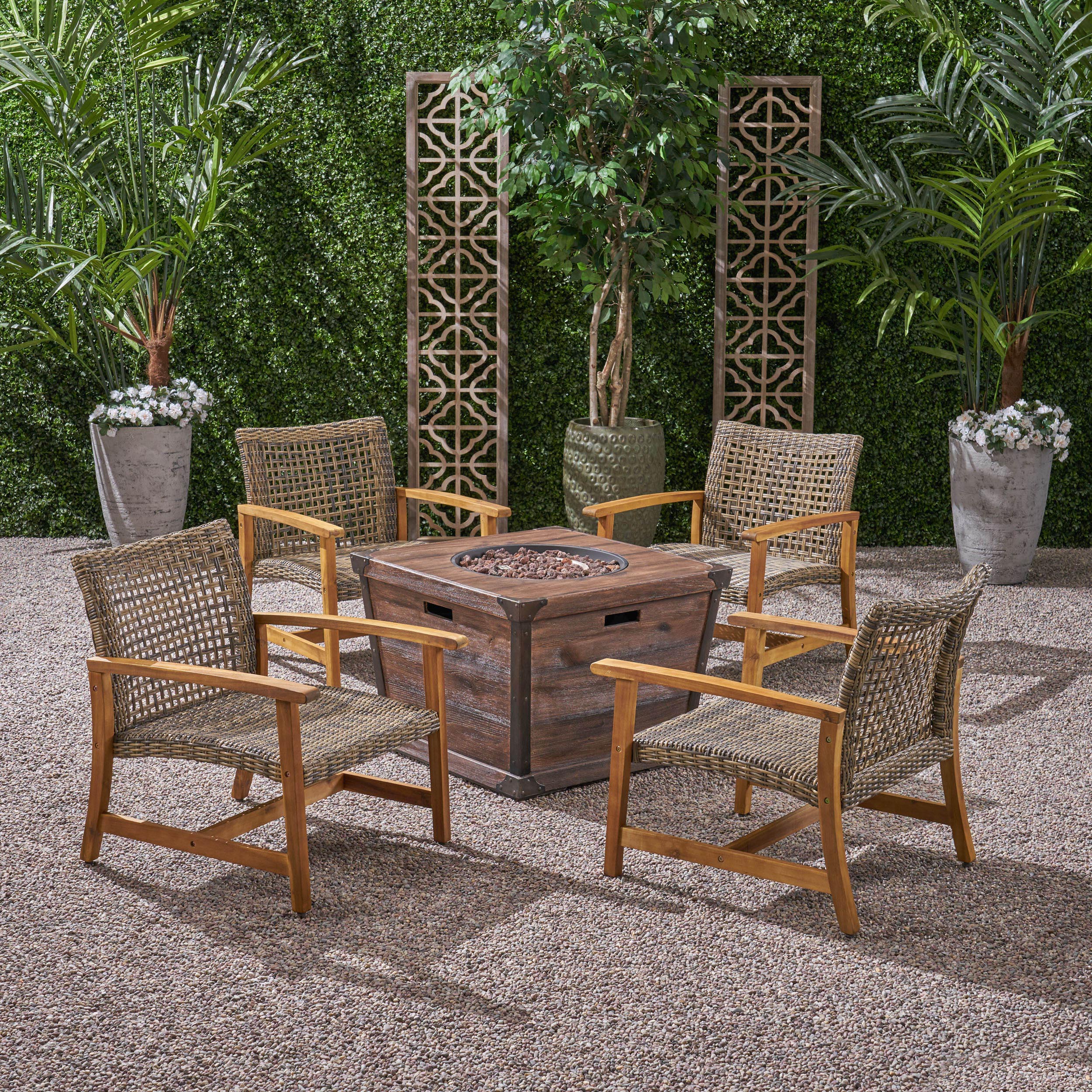 Levant Outdoor 4-Seater Wood and Wicker Club Chair Set with Fire Pit - furnishings