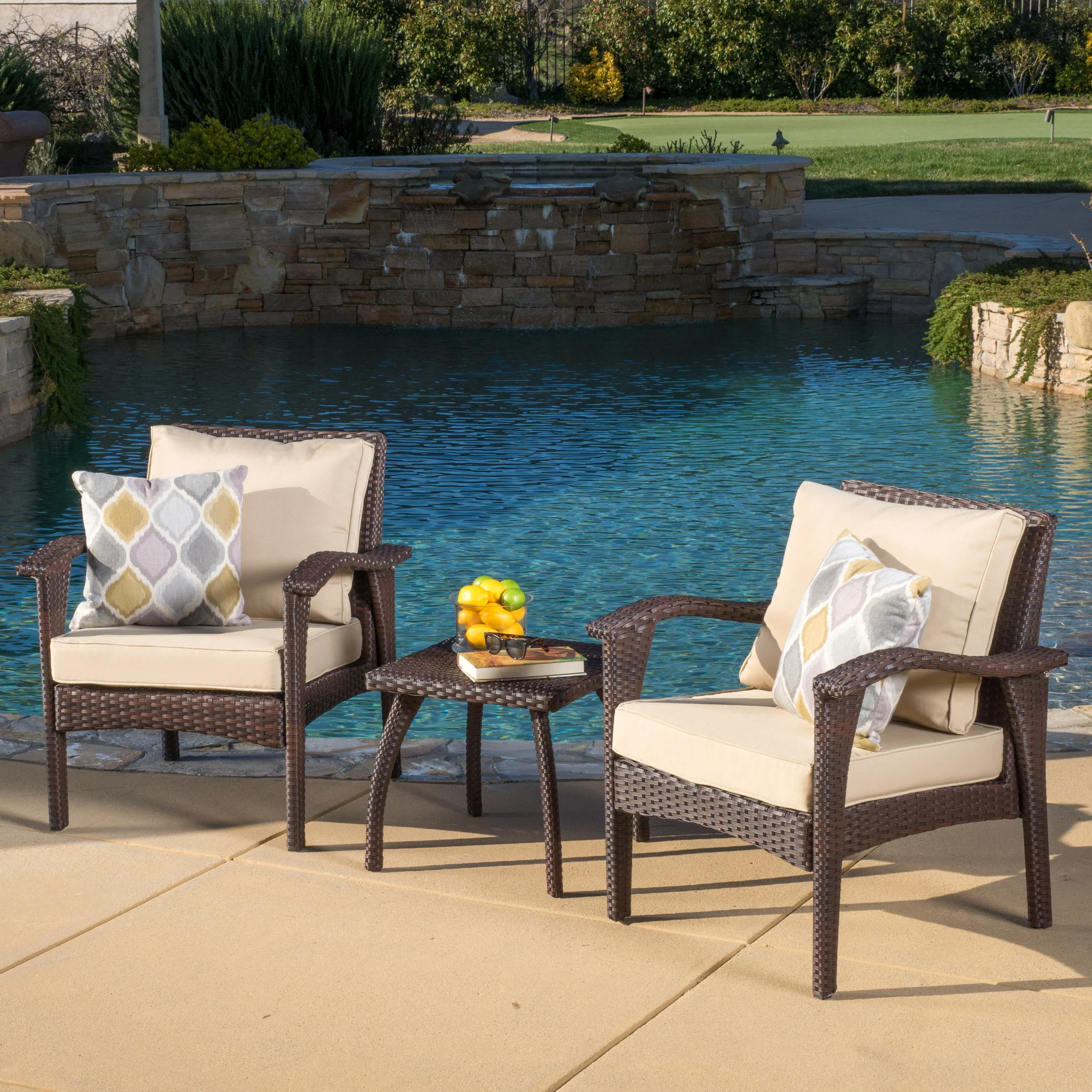 Maui Outdoor 3-piece Brown Wicker Chat Set with Cushions - furnishings