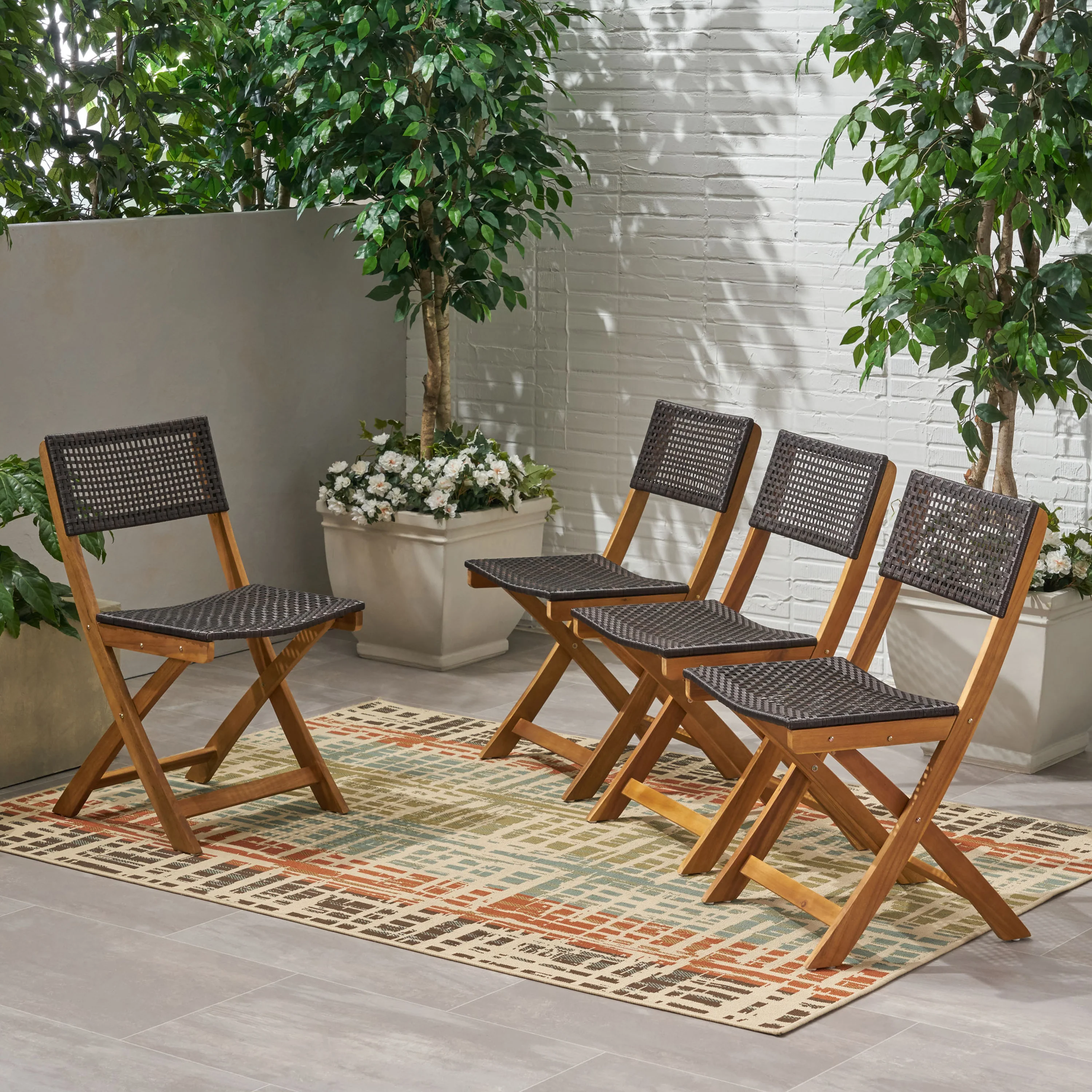 Truda Outdoor Acacia Wood Foldable Bistro Chairs with Wicker Seating (Set of 4) - furnishings