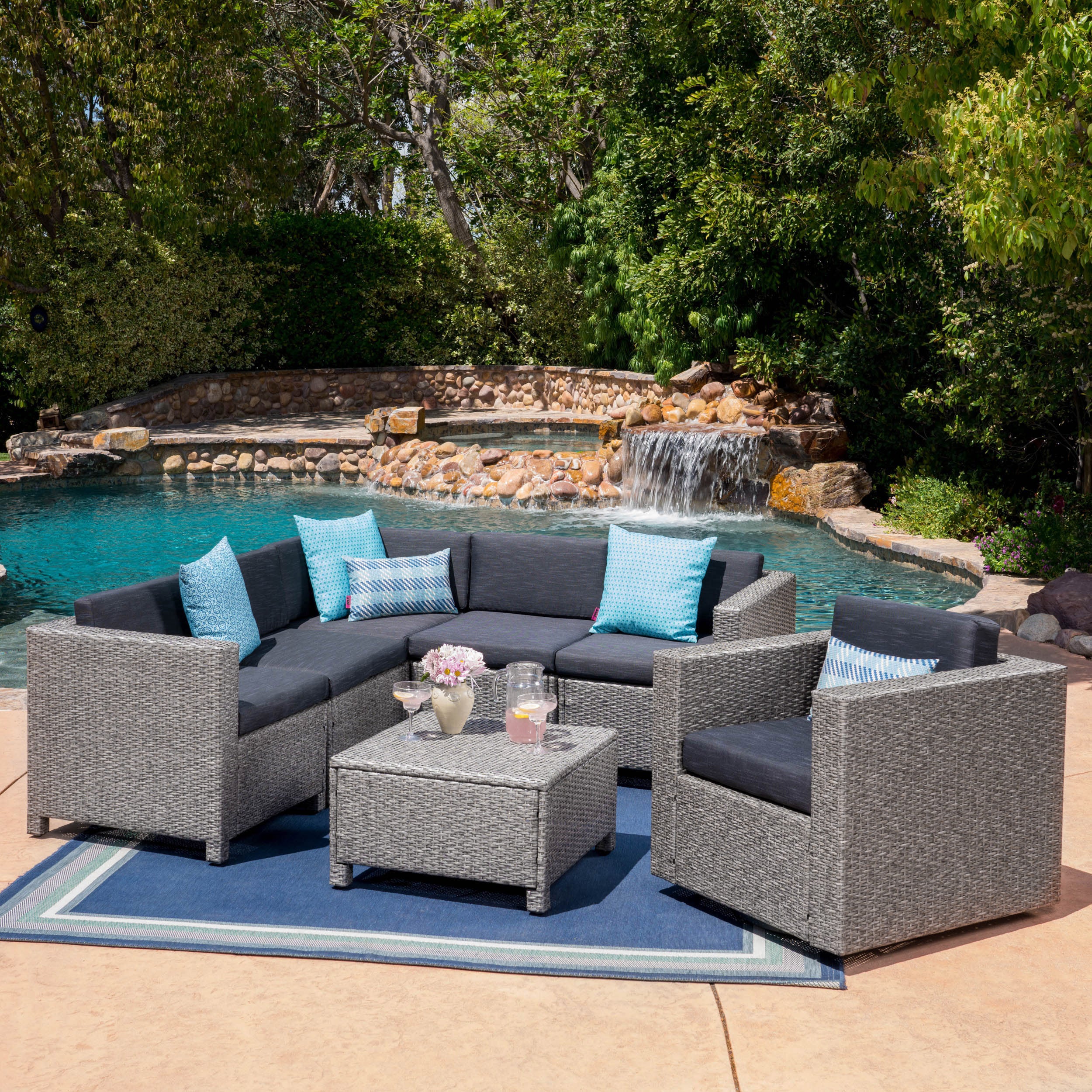 Phillips Outdoor 6 Seater Wicker V-Shaped Sofa and Swivel Chair Set with Water Resistant Cushions - furnishings