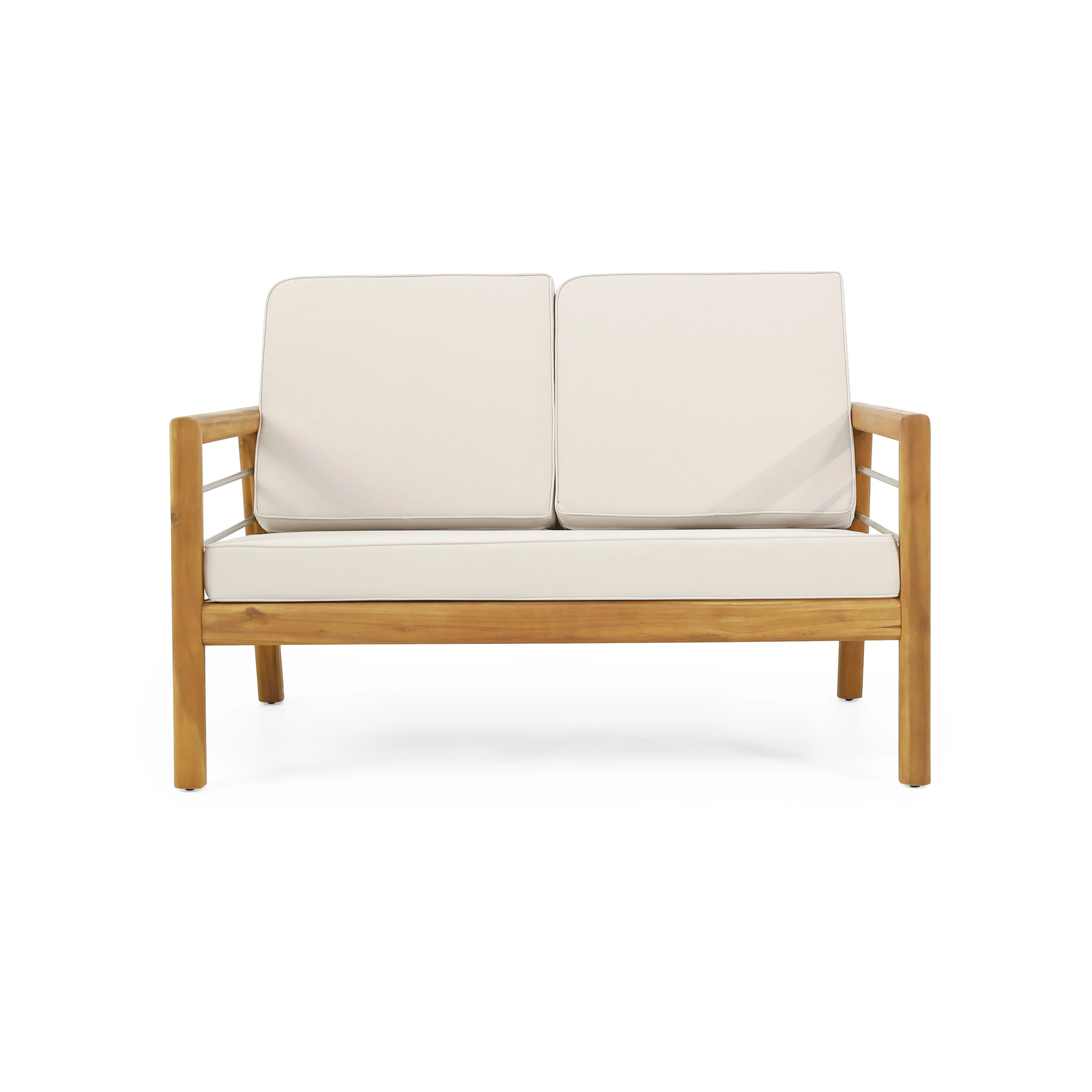 Lindsey Outdoor Acacia Wood Loveseat and Coffee Table Set with Cushions, Teak, Silver, and Beige - furnishings