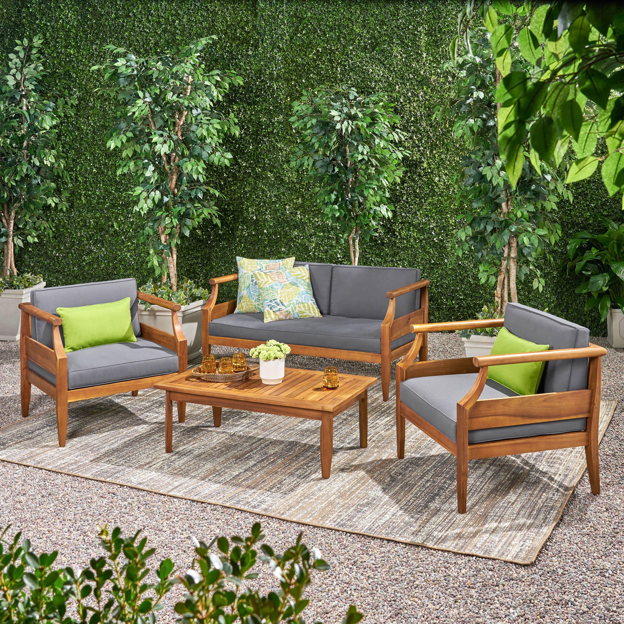 Bianca Outdoor Mid-Century Modern Acacia Wood 4 Seater Chat Set with Cushions - furnishings