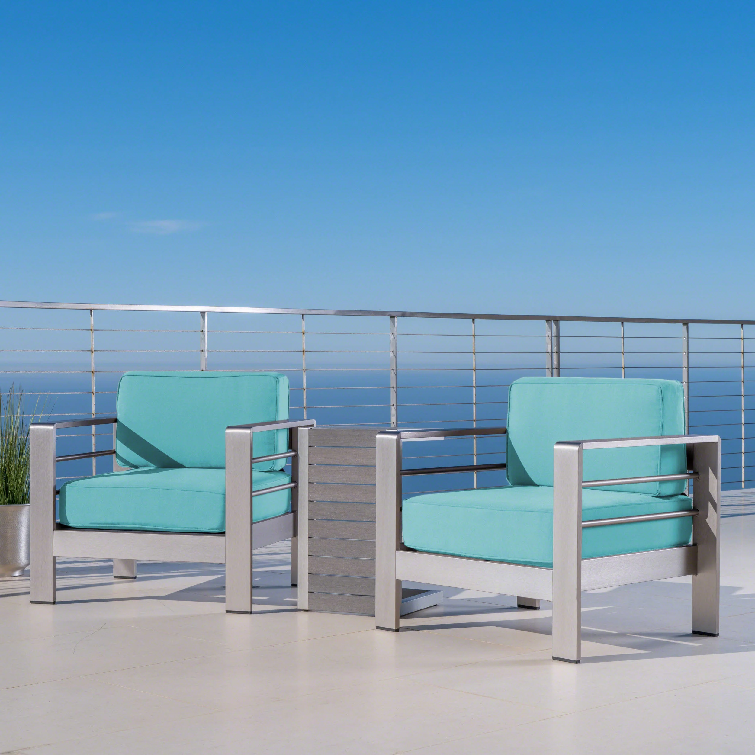 Zona Outdoor Aluminum Club Chairs and Faux Wood Side Table Set with Cushions - furnishings