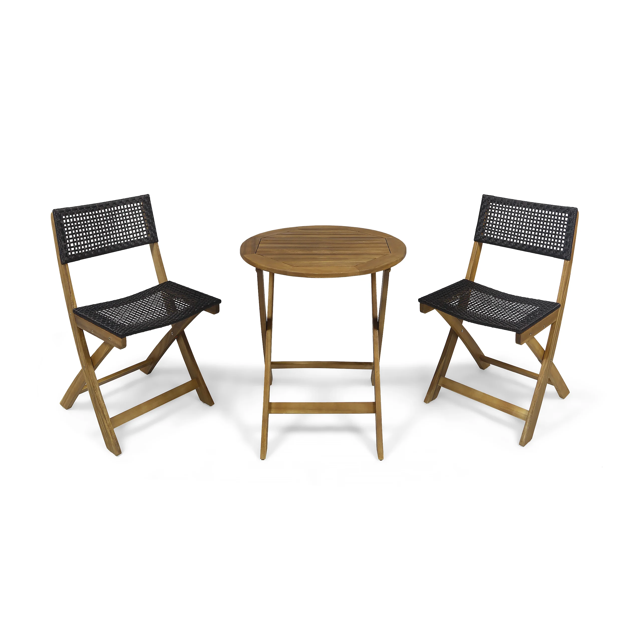 Truda Outdoor Acacia Wood Wicker Foldable Bistro Set with Chairs and Table - furnishings