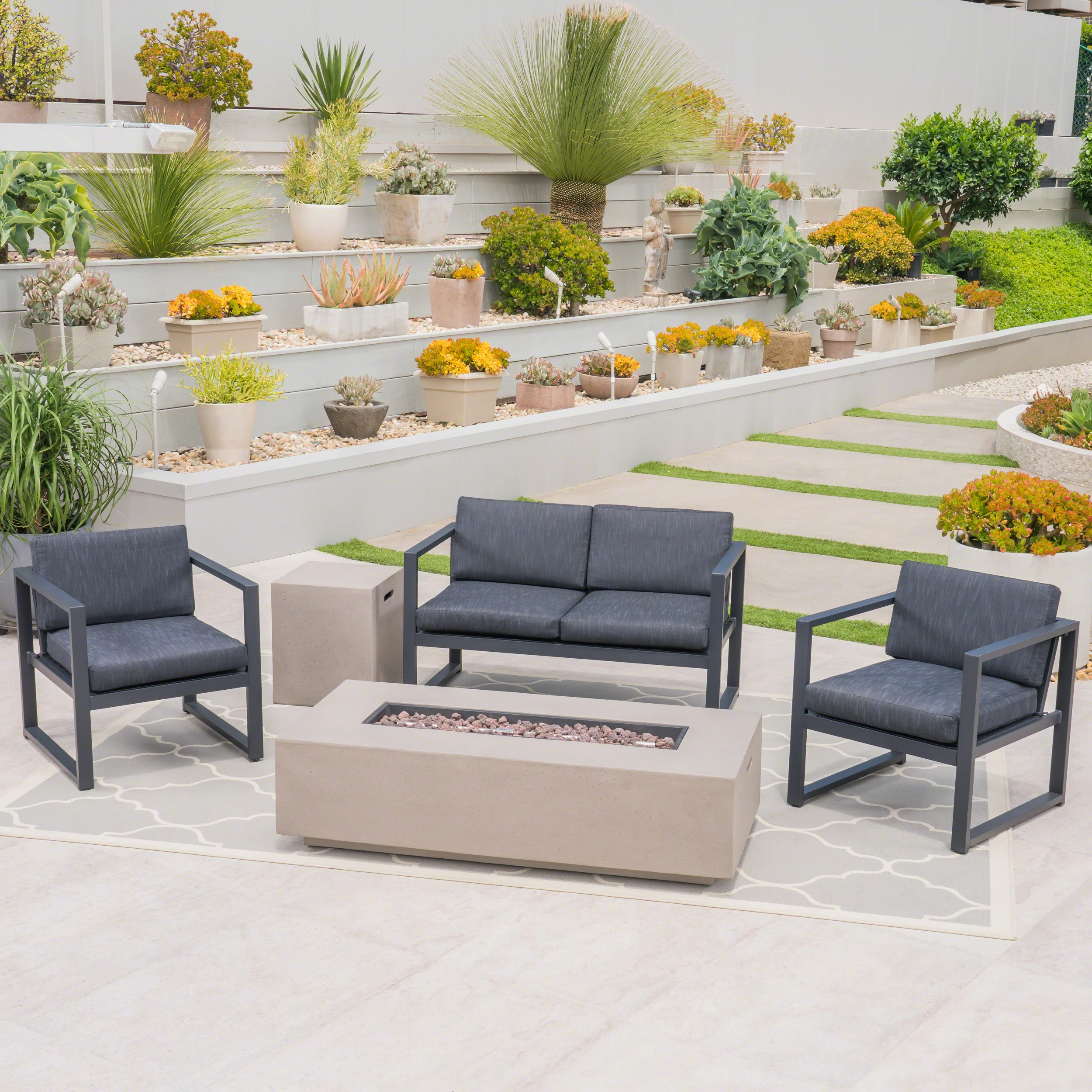 Nealie Outdoor 4-Seater Aluminum Chat Set with Fire Pit and Tank Holder - furnishings