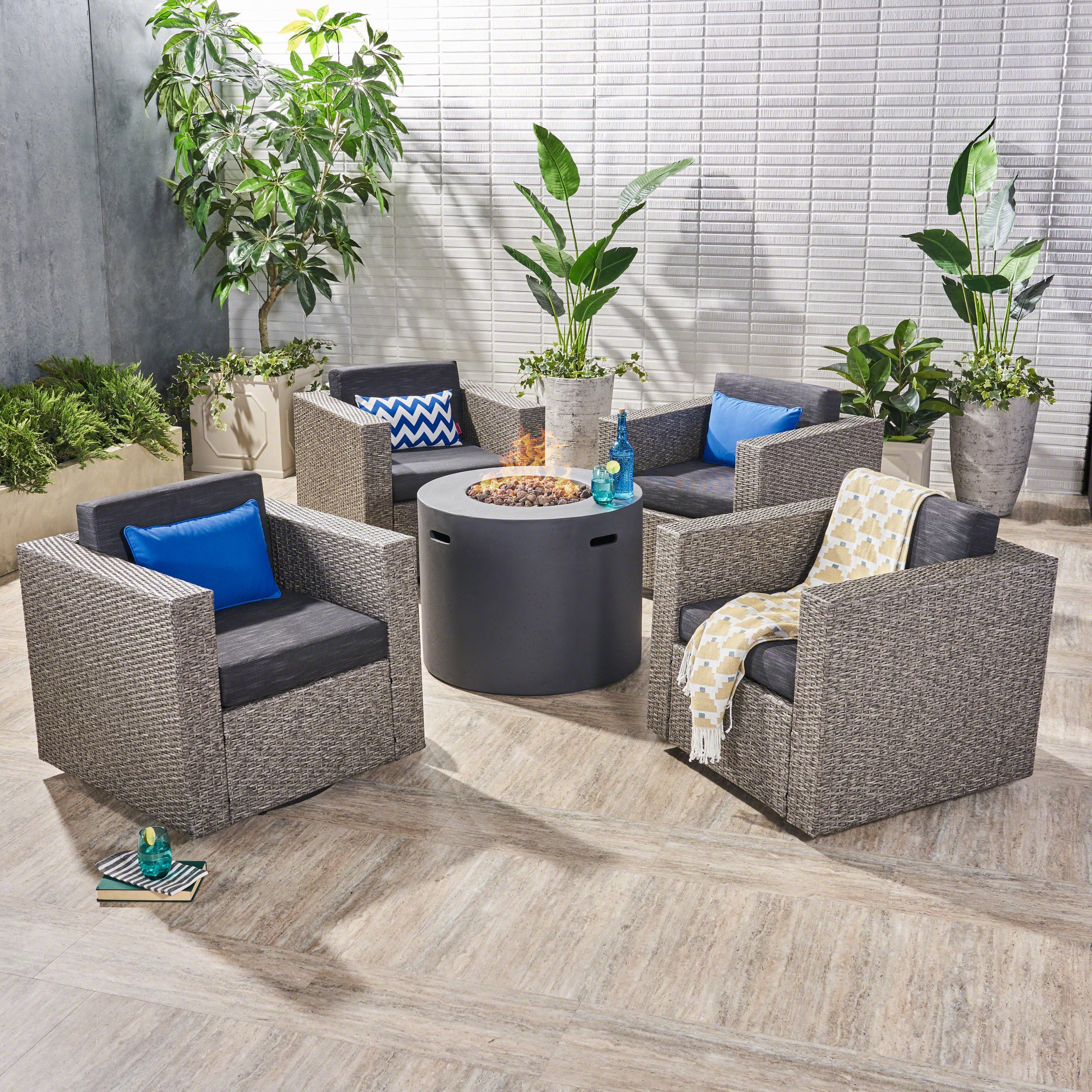 Leon Outdoor 4 Piece Swivel Club Chair Set with Round Fire Pit - furnishings