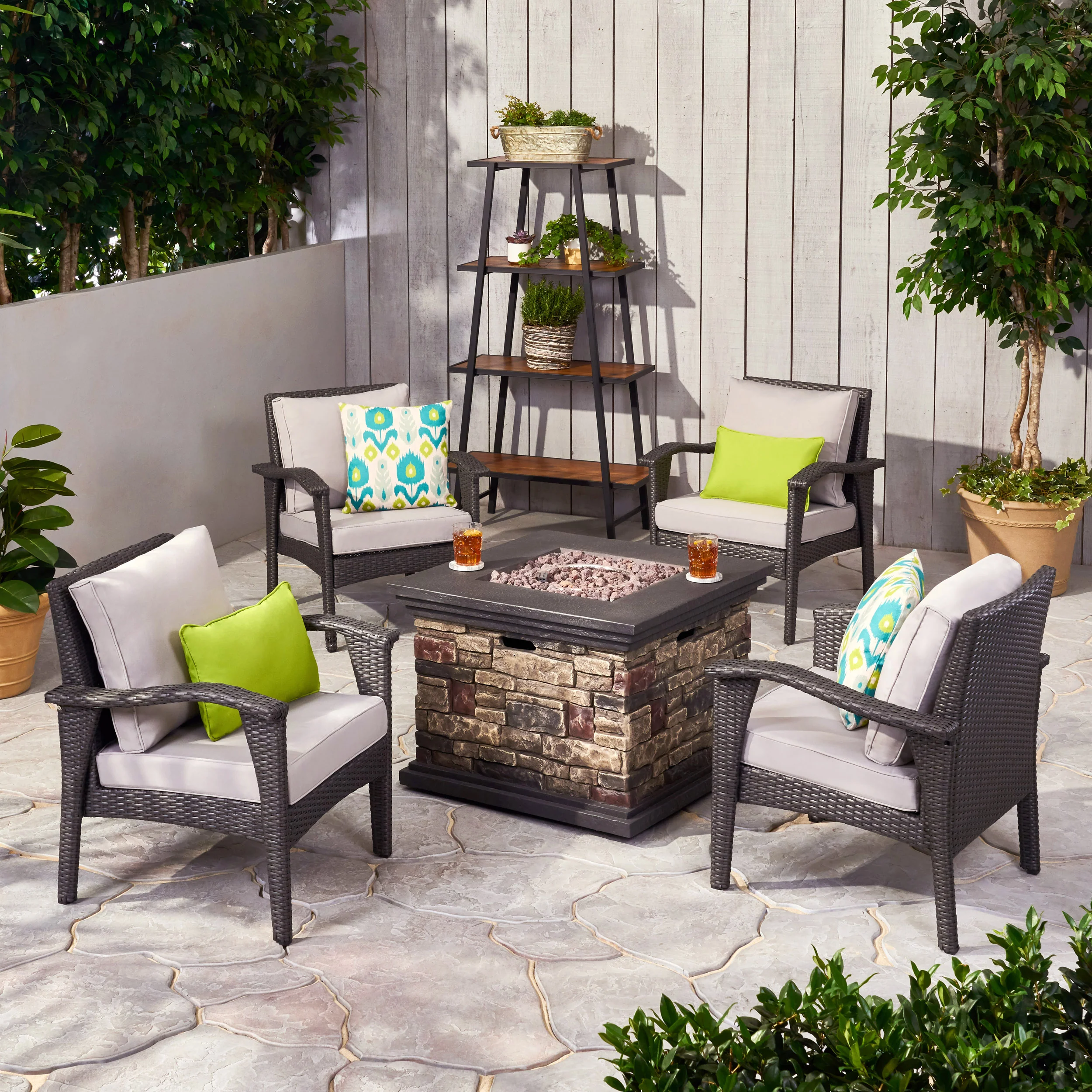 Modesty Outdoor 4 Club Chair Chat Set with Fire Pit - furnishings