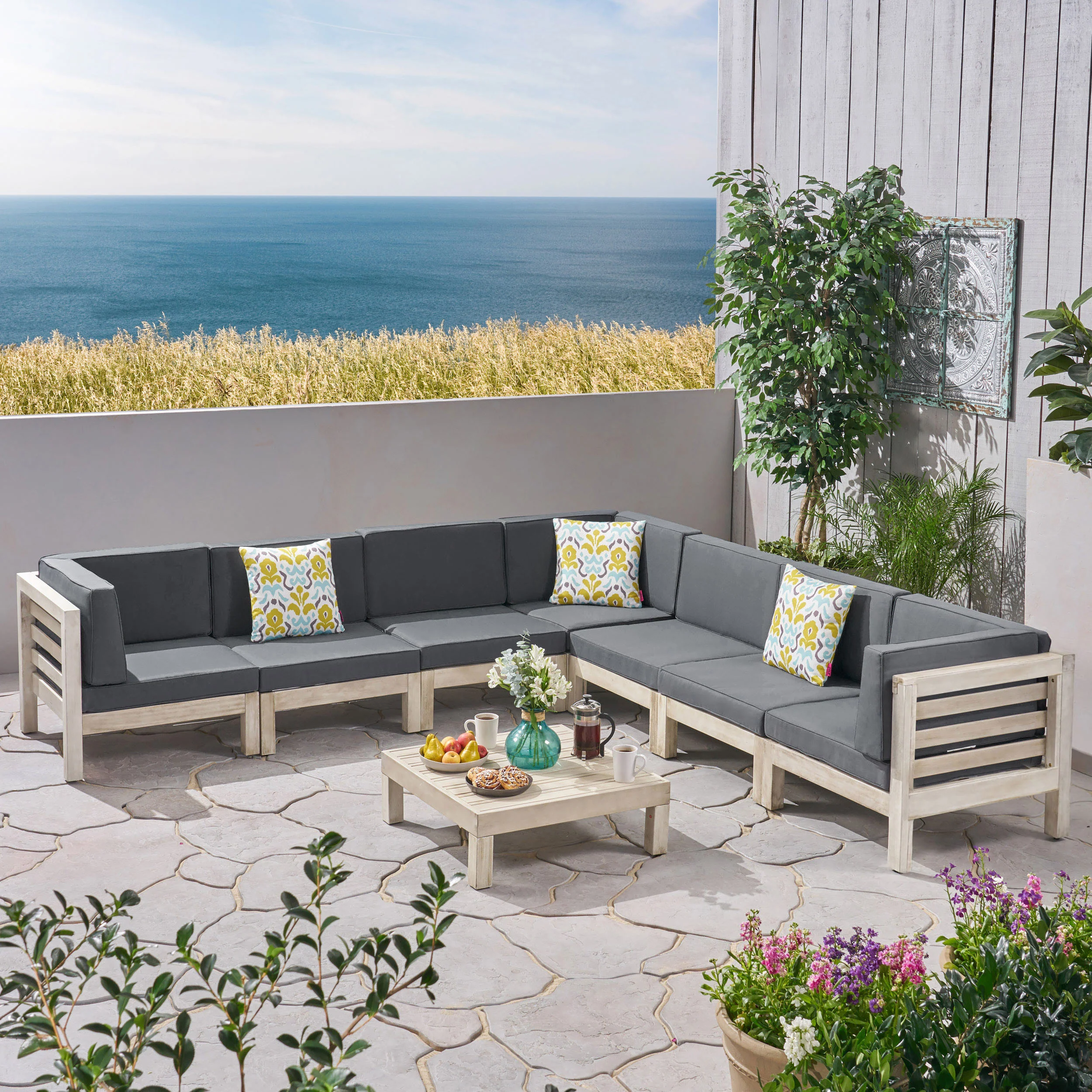 Dawn Outdoor 7 Seater Acacia Wood Sectional Sofa Set - furnishings