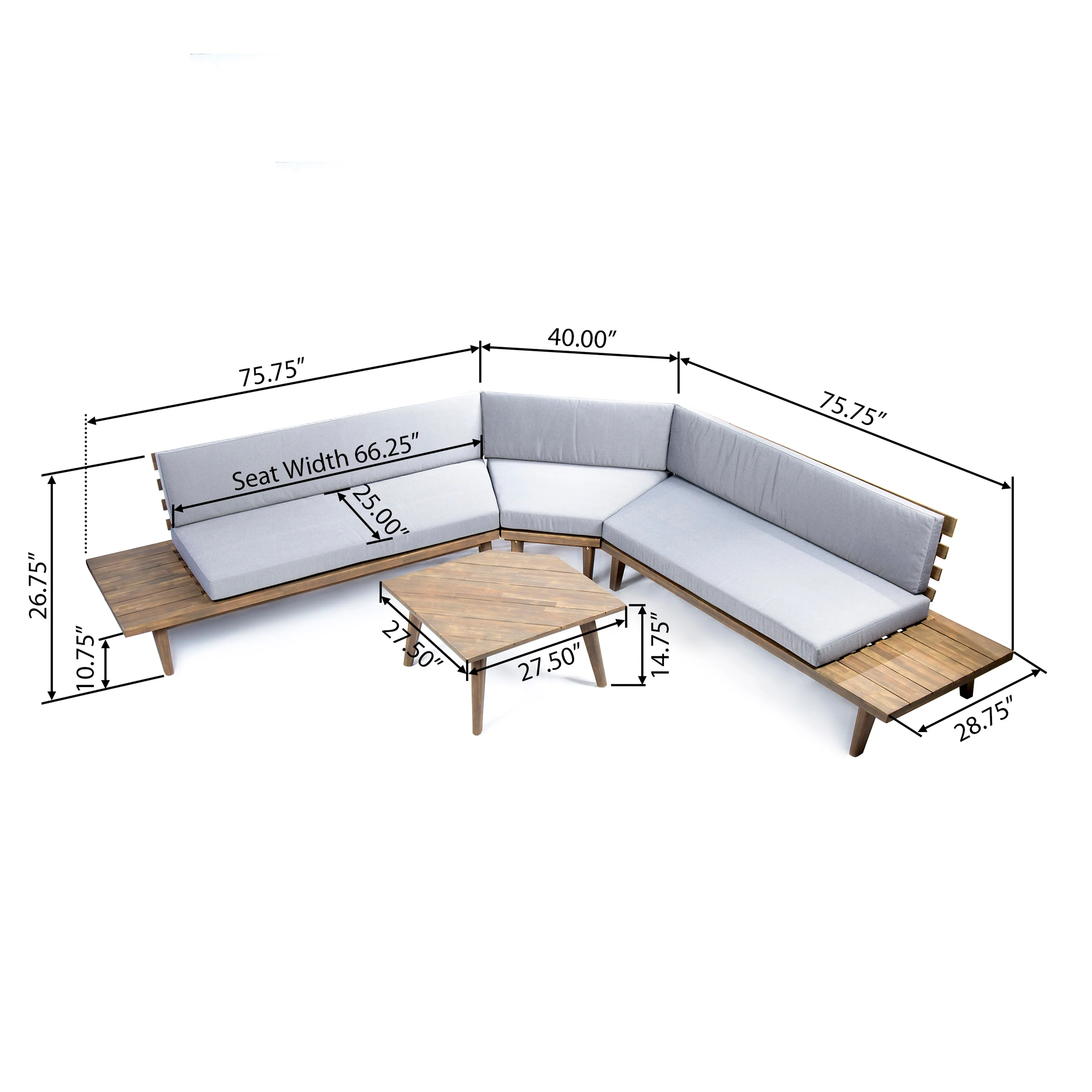 Hillside Mid Century Modern Outdoor Wood Platform Sectional With Built In End Tables & Coffee Table - furnishings