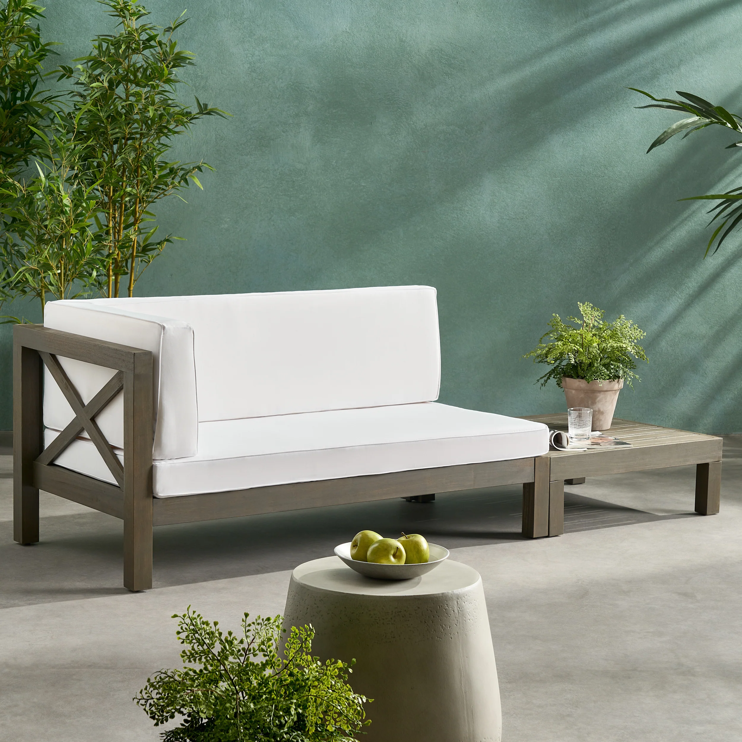 Keith Outdoor Acacia Wood Left Arm Loveseat and Coffee Table Set with Cushion - furnishings