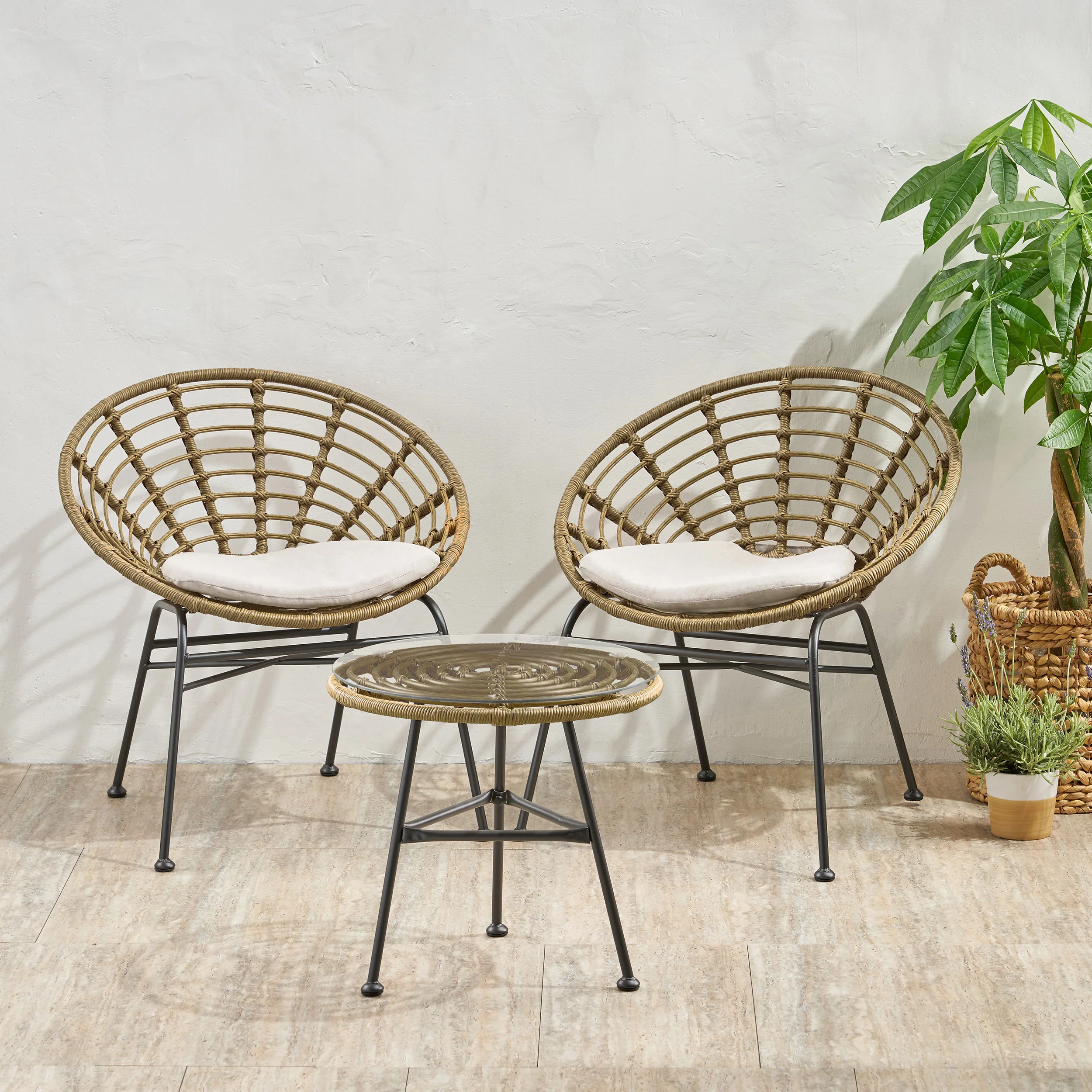 Seaton Outdoor Modern Boho 2 Seater Wicker Chat Set with Side Table - furnishings