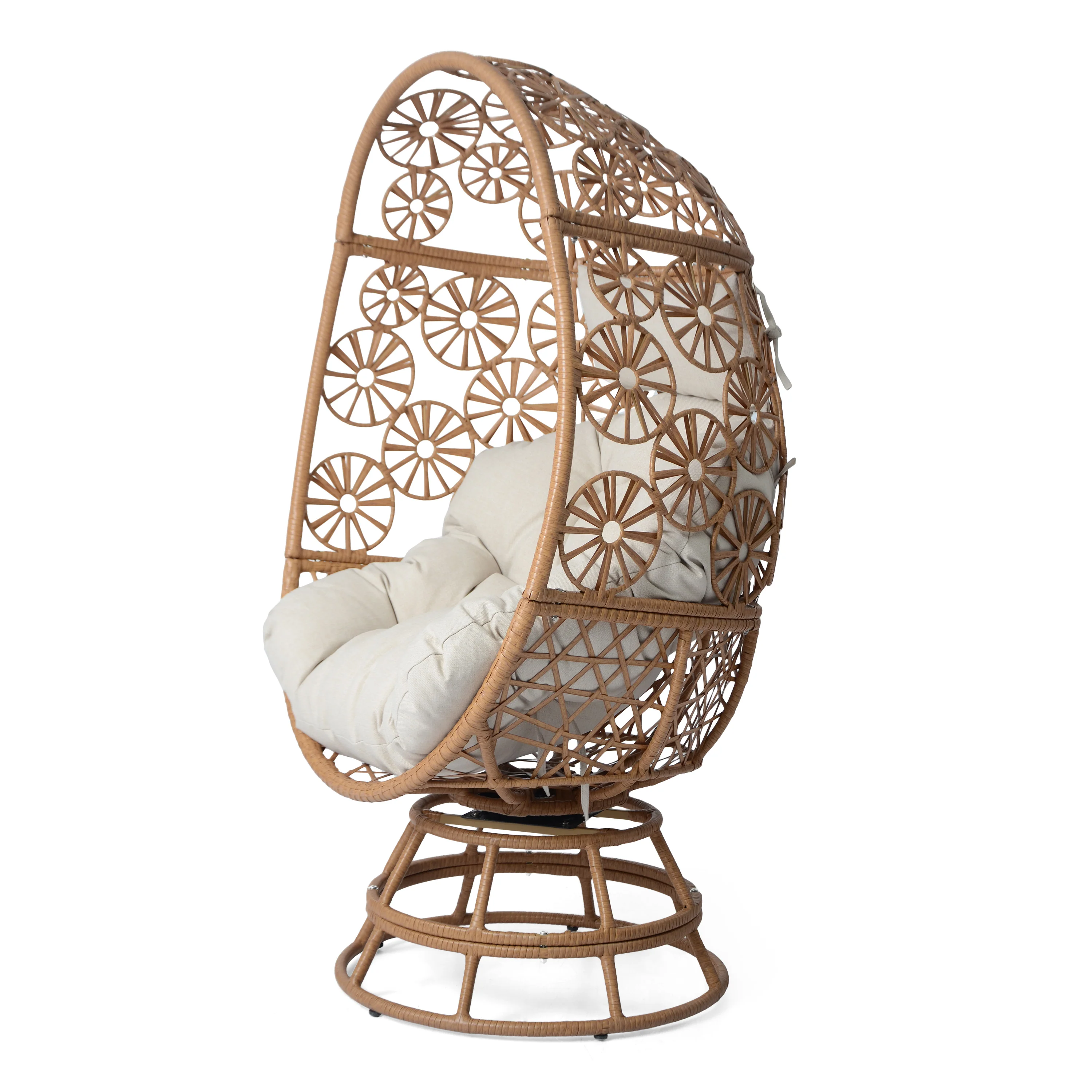 Ondina Outdoor Patio Swivel Egg Basket Chair, Beige + Brown - furnishings