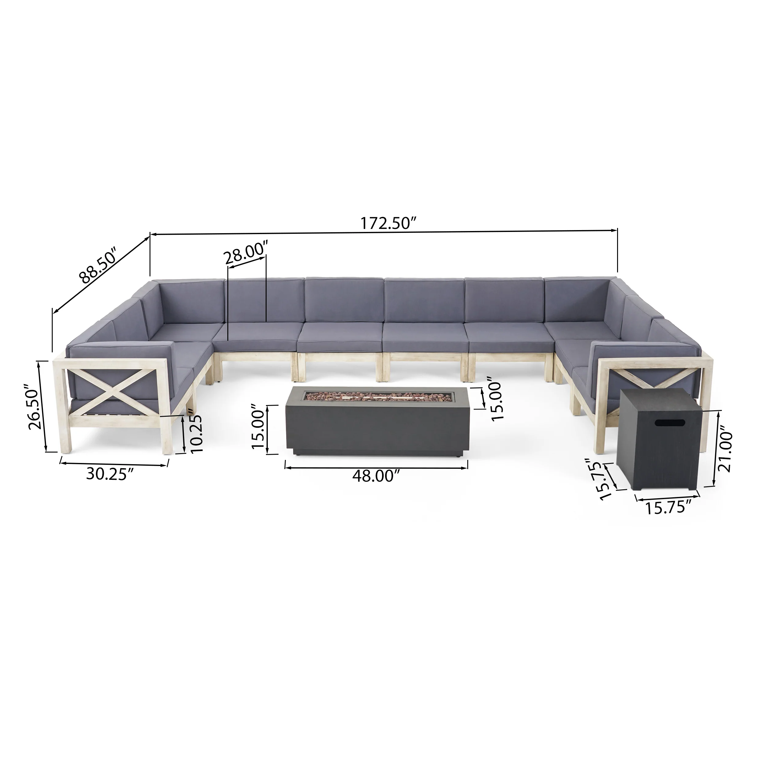 Lorelei Outdoor Acacia Wood 10 Seater U-Shaped Sectional Sofa Set with Fire Pit - furnishings