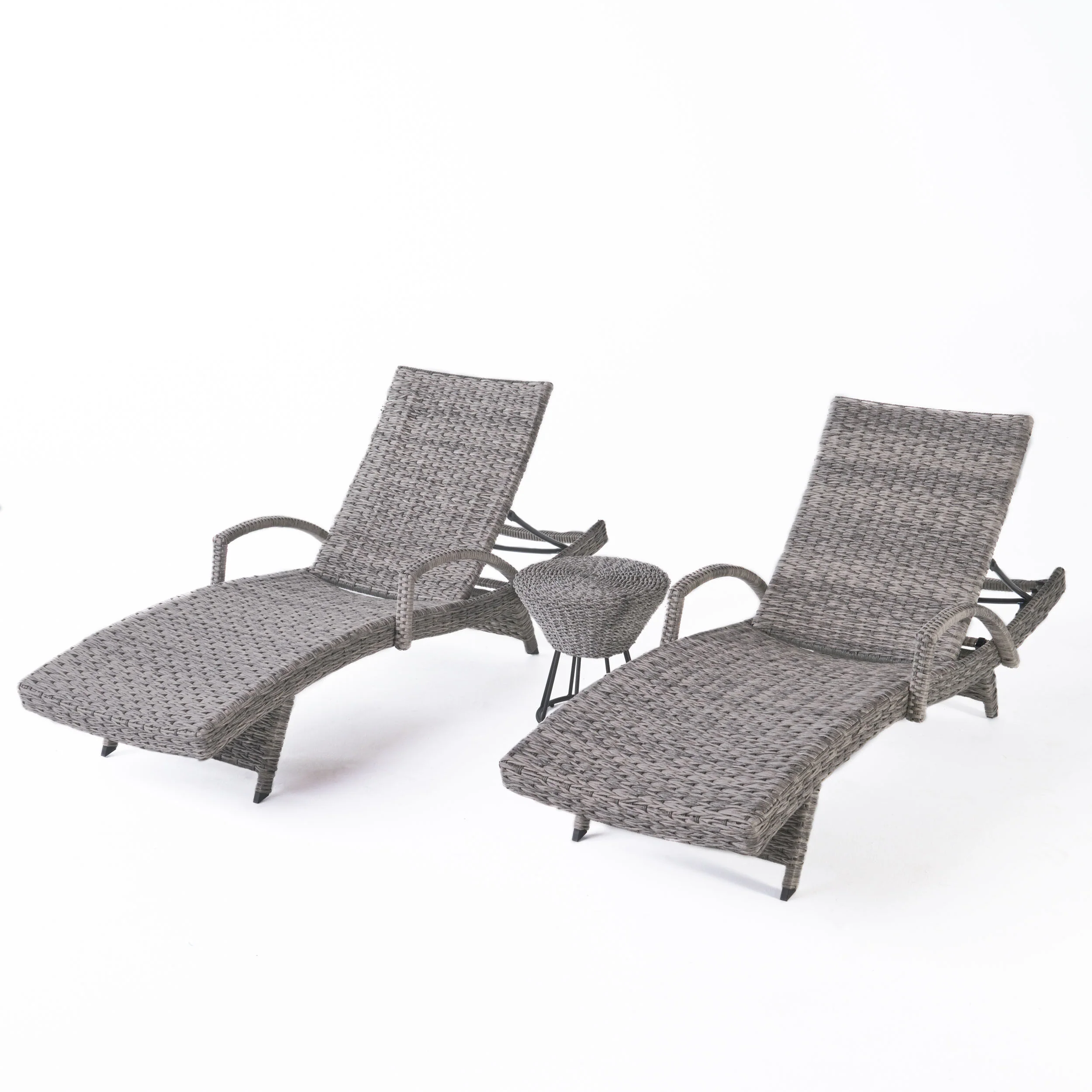 Keira Outdoor 3 Piece Gray Wicker Armed Chaise Lounges with Side Table - furnishings