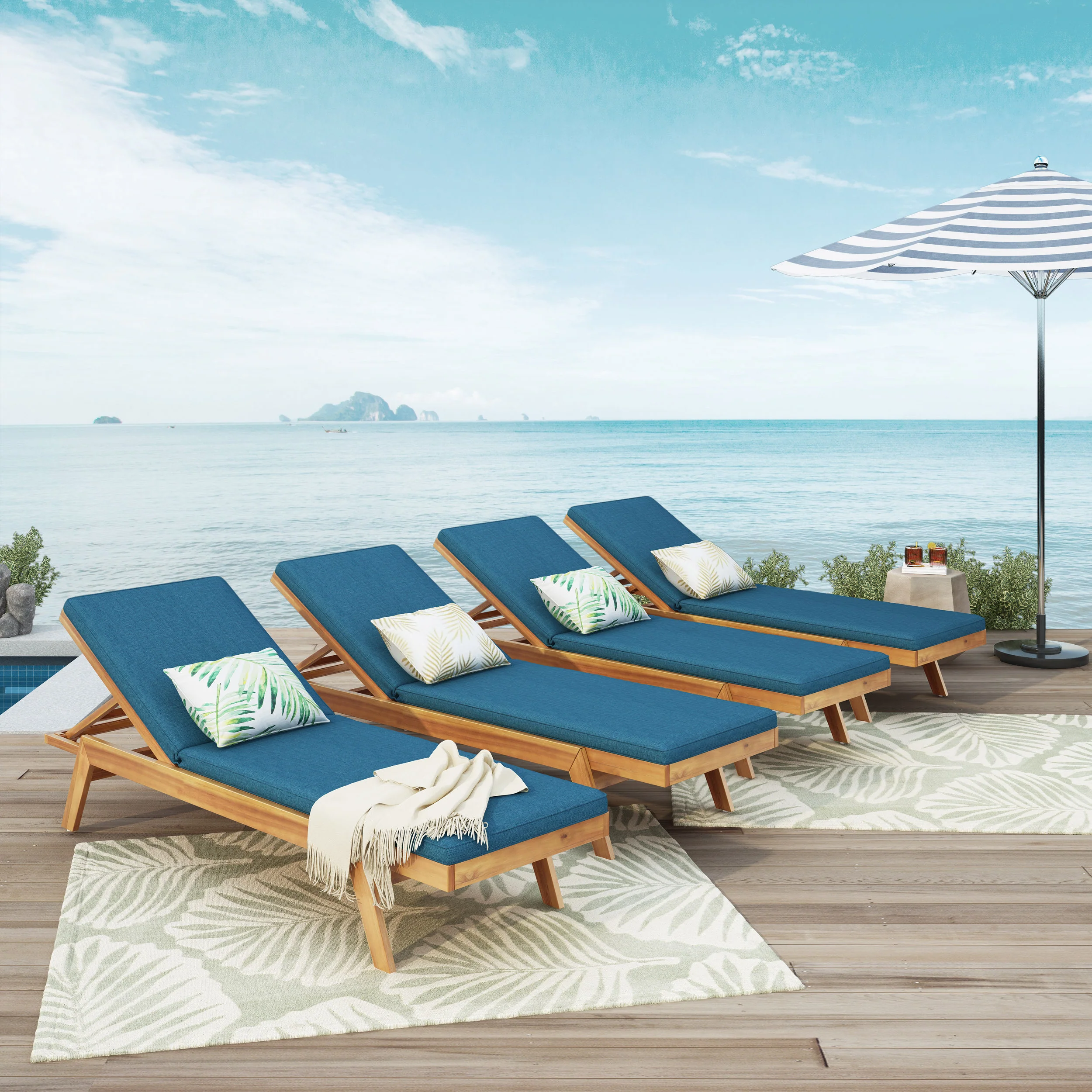 Larimore Outdoor Acacia Wood Chaise Lounge with Water Resistant Cushions, Set of 4 - furnishings