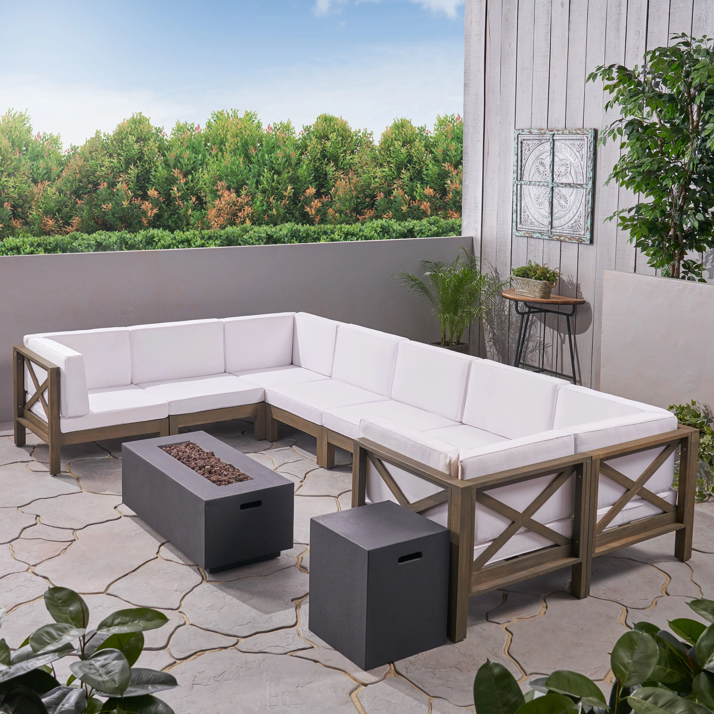 Cynthia Outdoor Acacia Wood 10-Piece U-Shaped Sectional Sofa Set with Fire Pit - furnishings