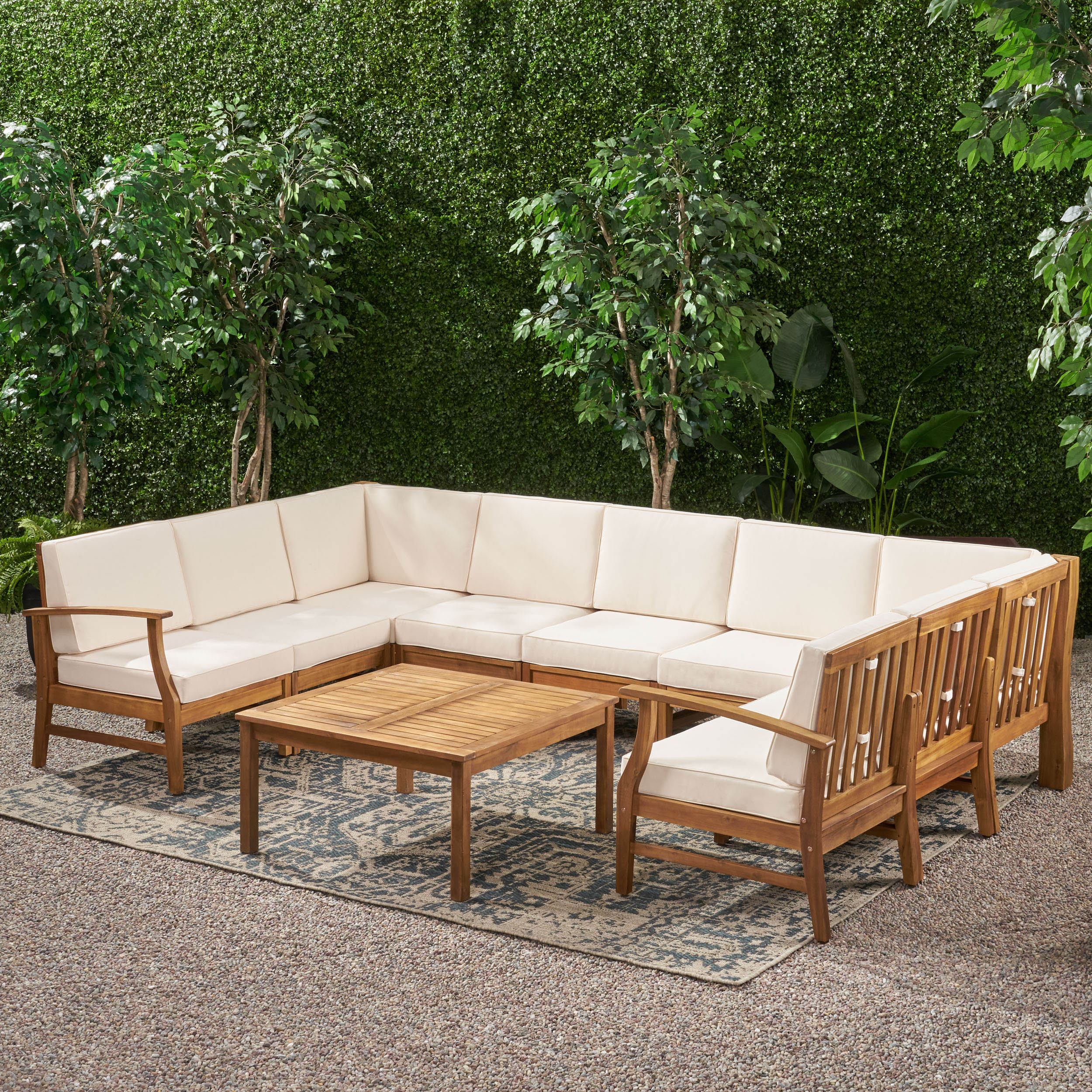 Judith Outdoor 9 Seater Acacia Wood Sectional Sofa Set with Cushions - furnishings