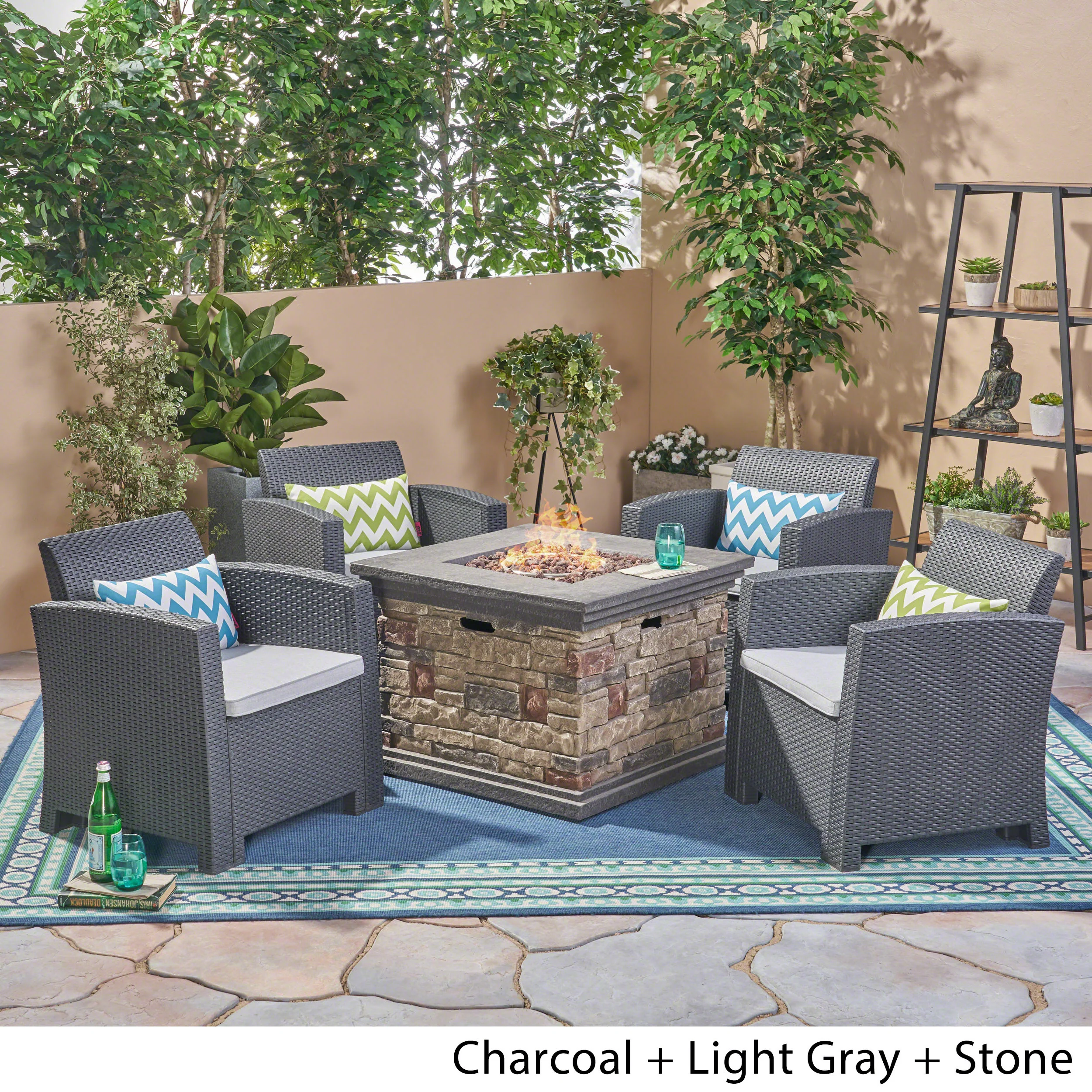 Casey Outdoor 4-Seater Wicker Print Club Chair Chat Set with Fire Pit - furnishings