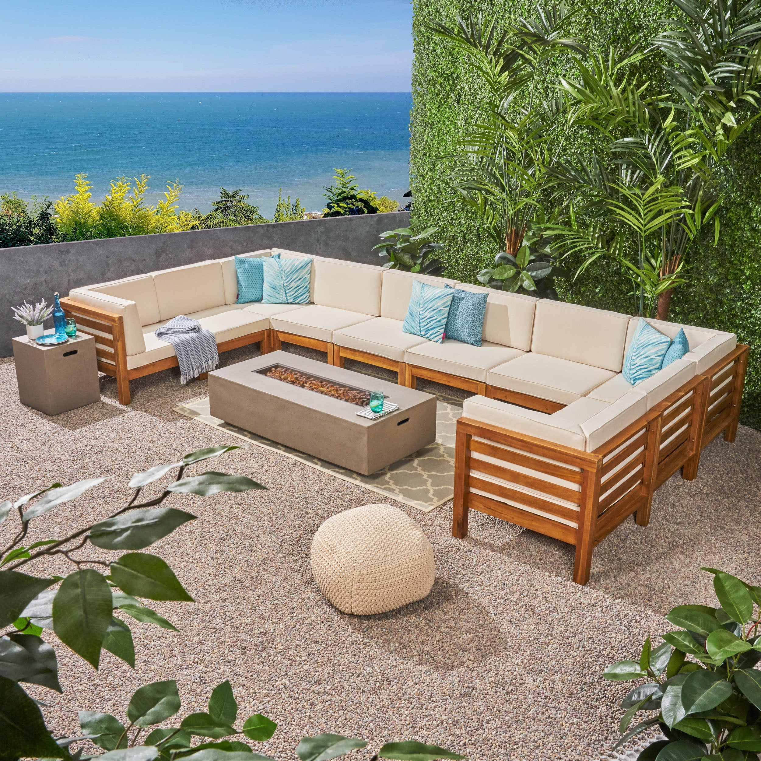 Ravello Outdoor 12 Piece U-Shaped Sectional Sofa Set with Fire Pit - furnishings