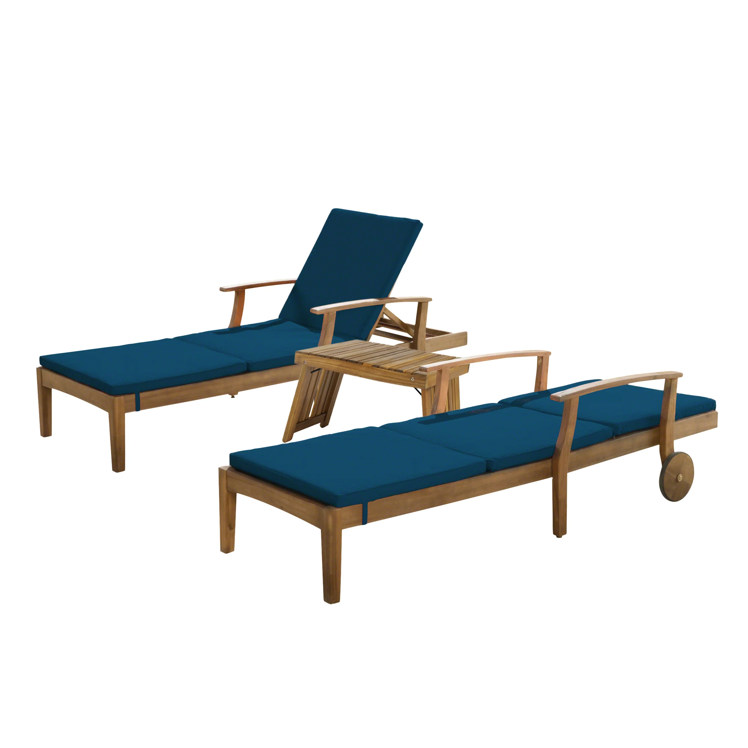 Capri Outdoor Acacia Wood 3 Piece Chaise Lounge Set with Water-Resistant Cushions - furnishings