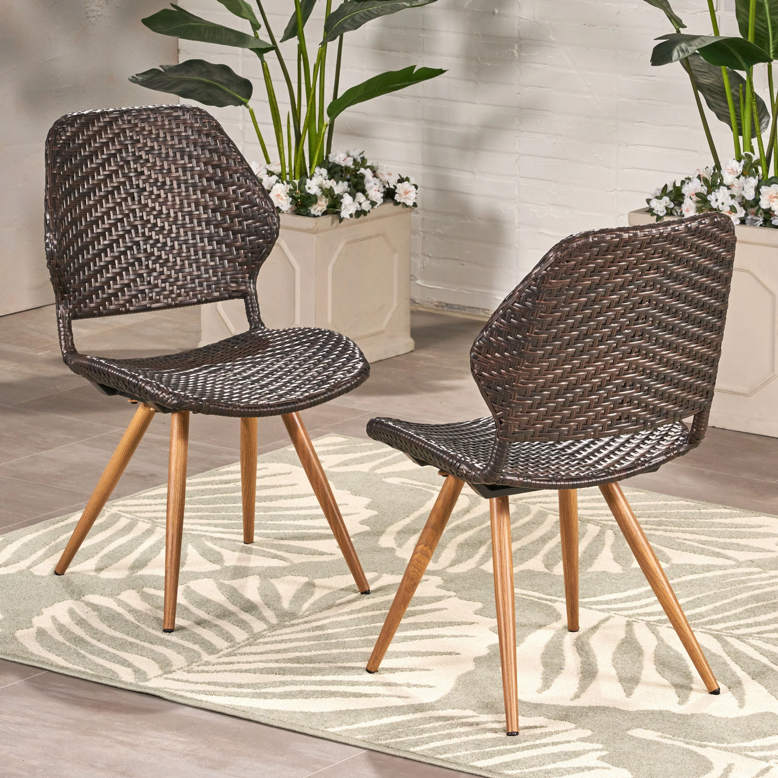 Amaya Outdoor Multi-brown Wicker Dining Chairs with Brown Wood Finish Metal Legs (Set of 2) - furnishings