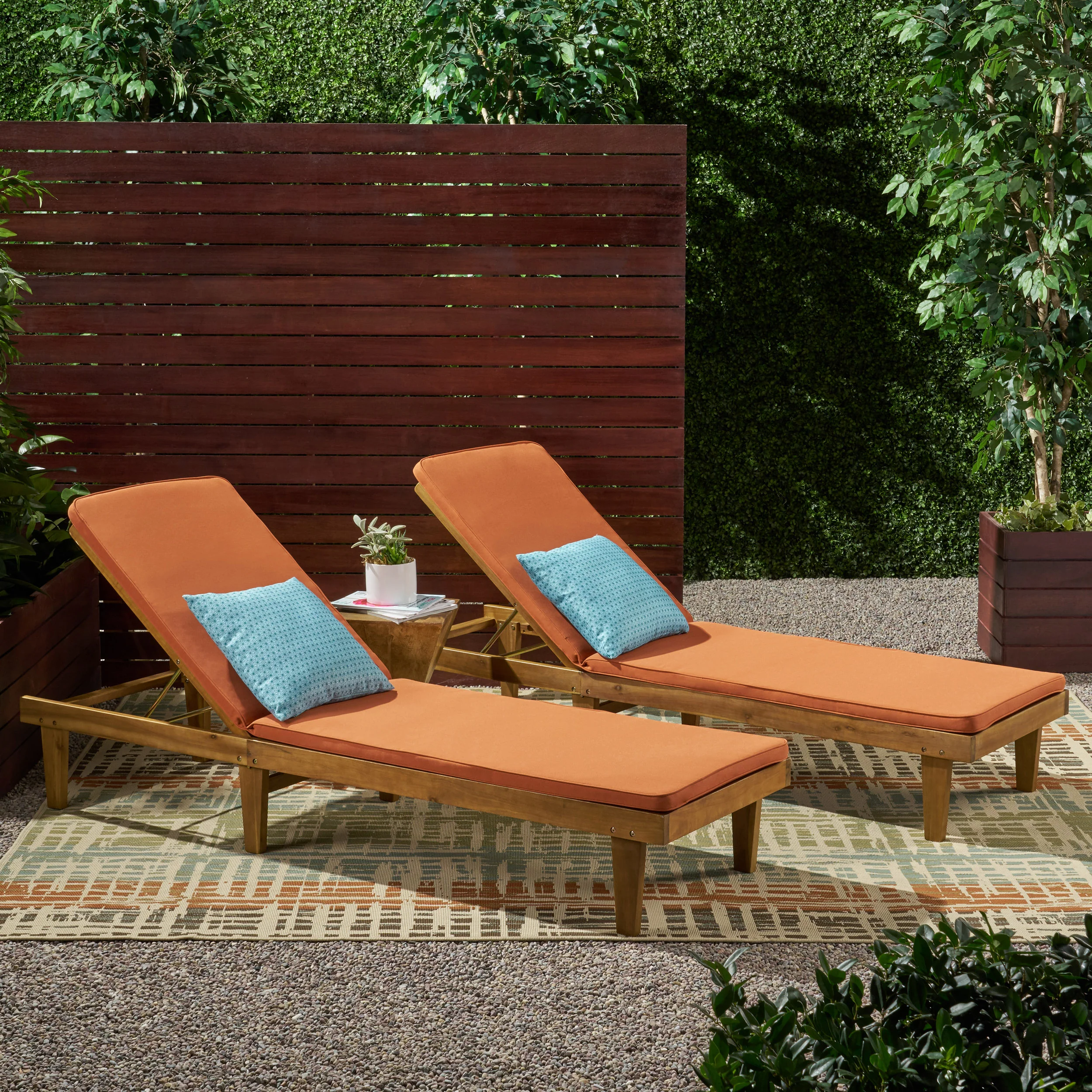 Nadine Outdoor Modern Acacia Wood Chaise Lounge with Cushion (Set of 2) - furnishings