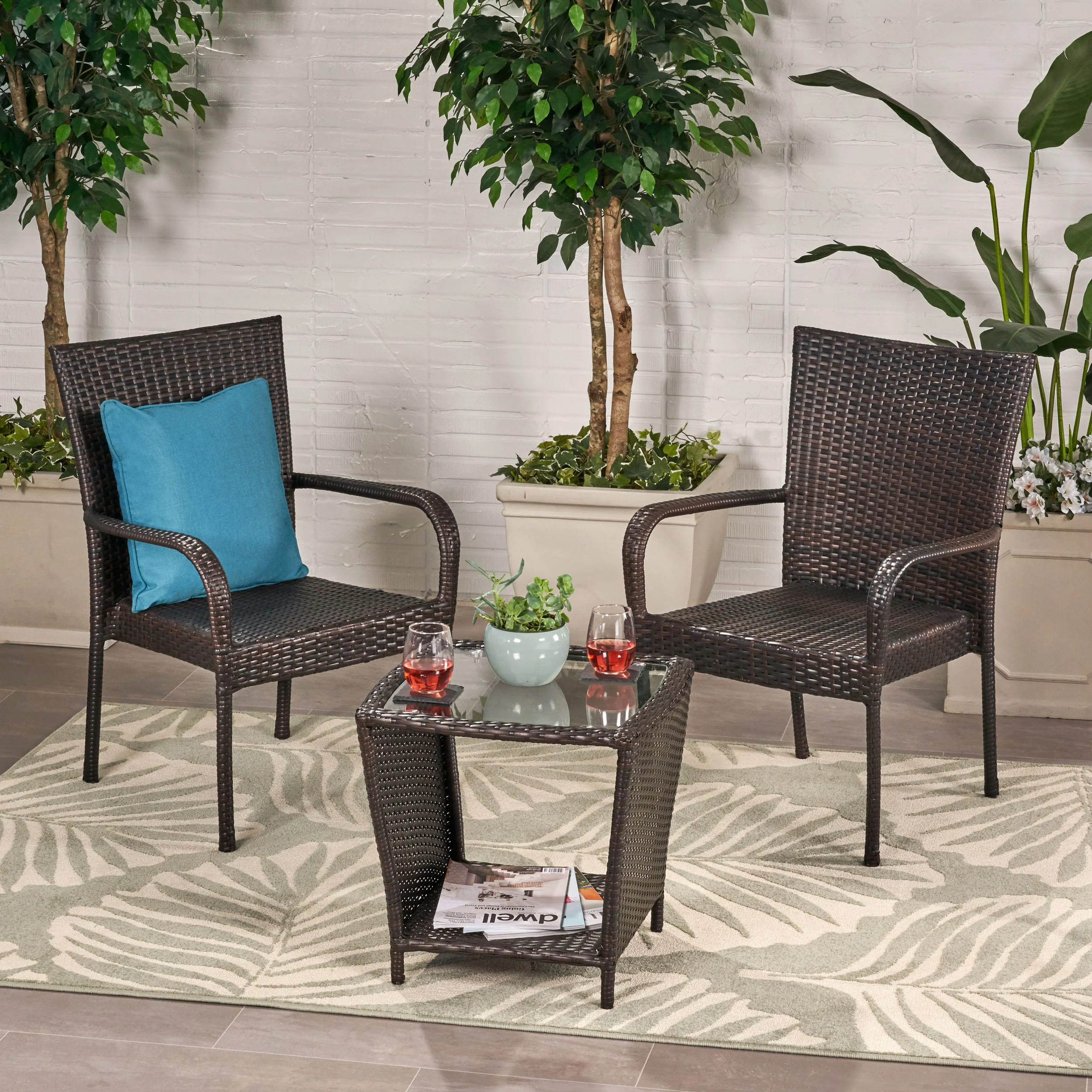 Parham Outdoor 3 Piece Multi-brown Wicker Stacking Chair Chat Set - furnishings