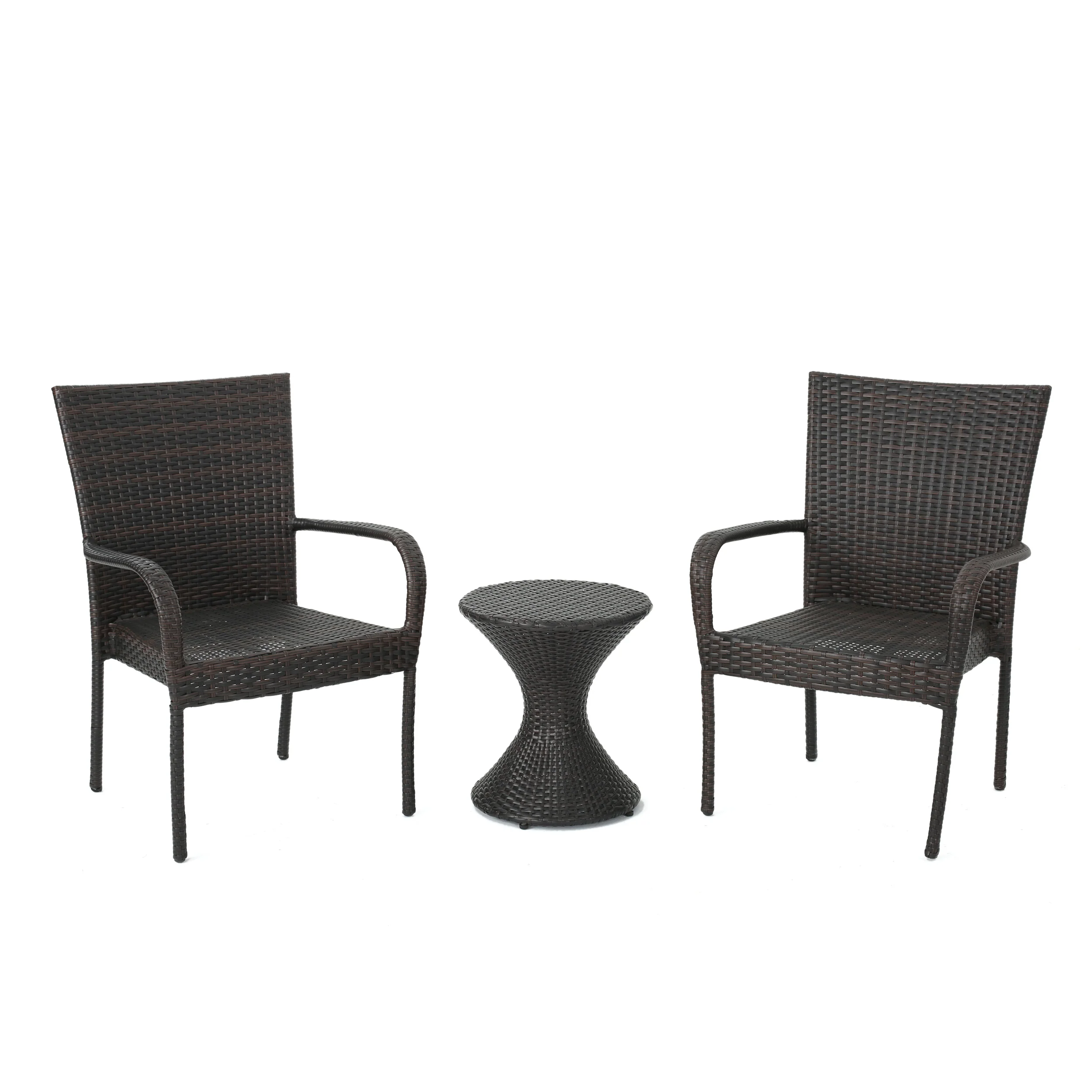 Newton Outdoor 3 Piece Multi-Brown Wicker Chat Set with Stacking Chairs - furnishings