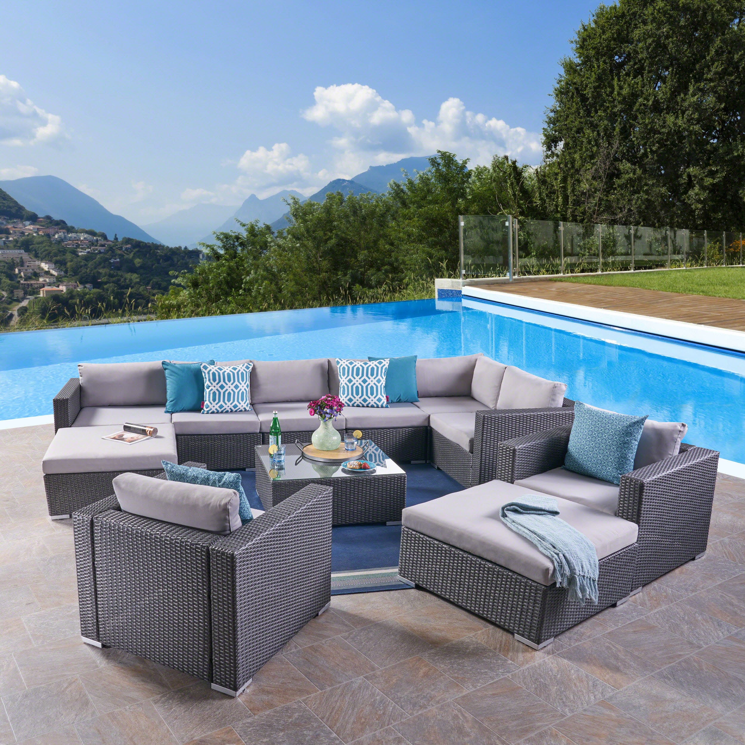 Tom Rosa Outdoor 8 Seater Wicker Sectional Sofa Set with Cushions - furnishings