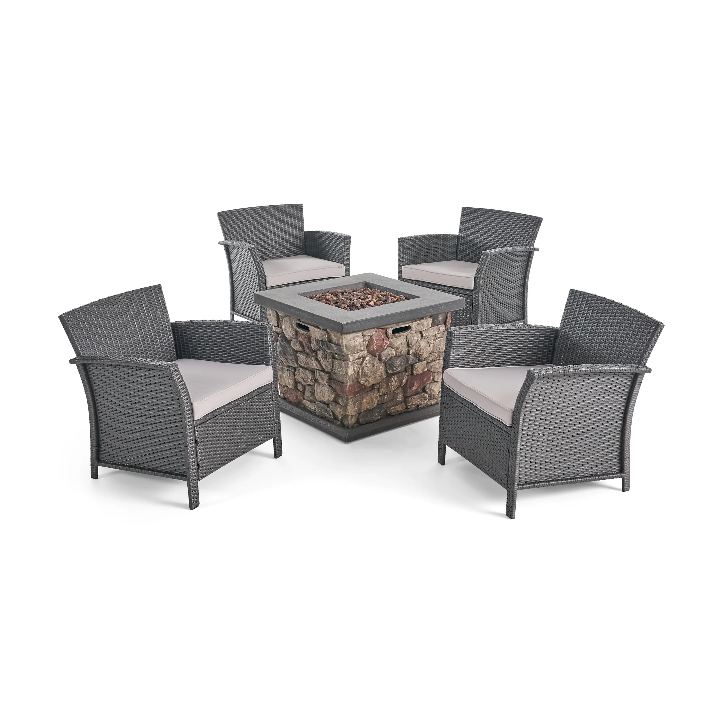 Laiah Outdoor 4 Piece Wicker Club Chair Chat Set with Stone Finished Fire Pit - furnishings
