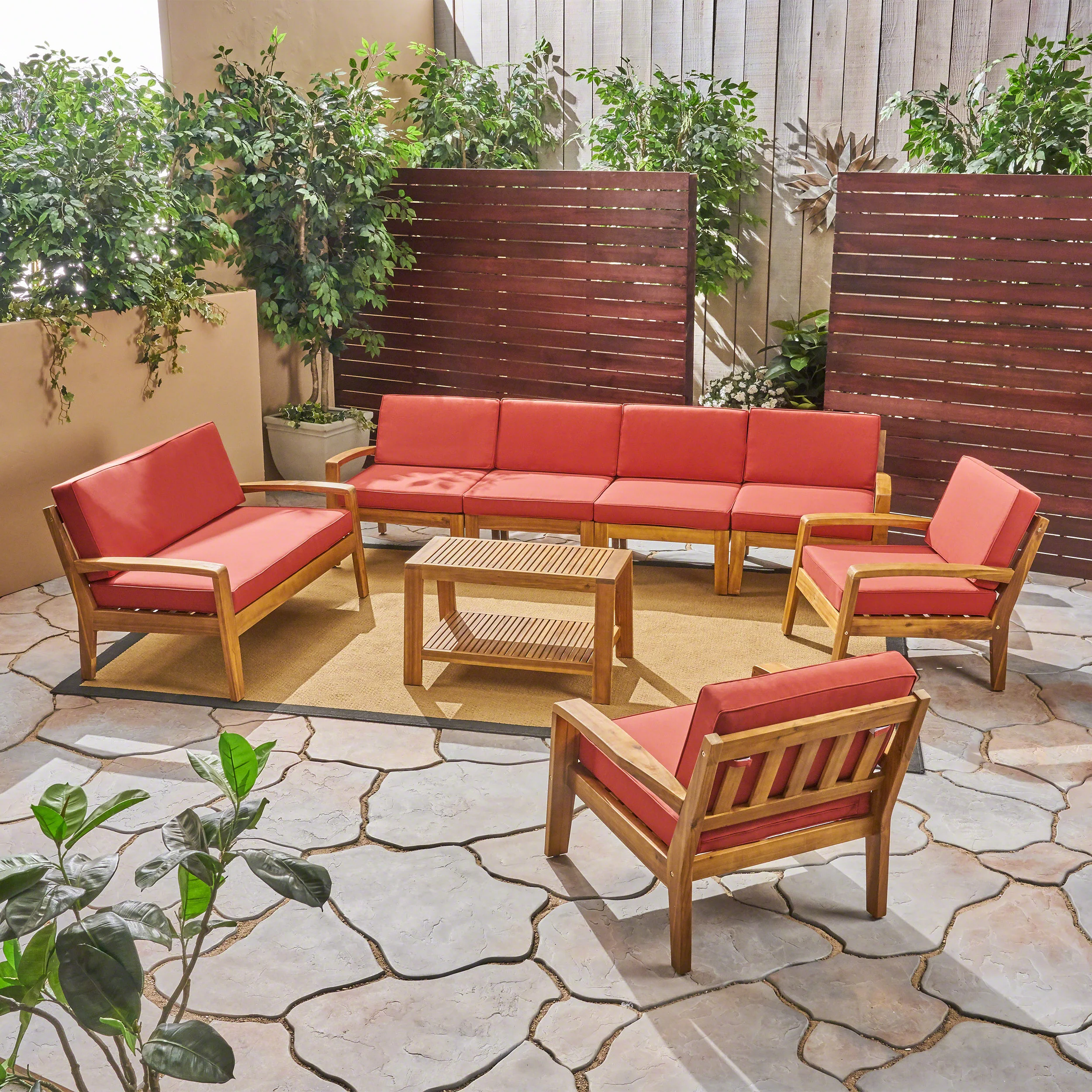 Giselle Outdoor Acacia Wood 8 Seater Sectional Chat Set with Coffee Table - furnishings