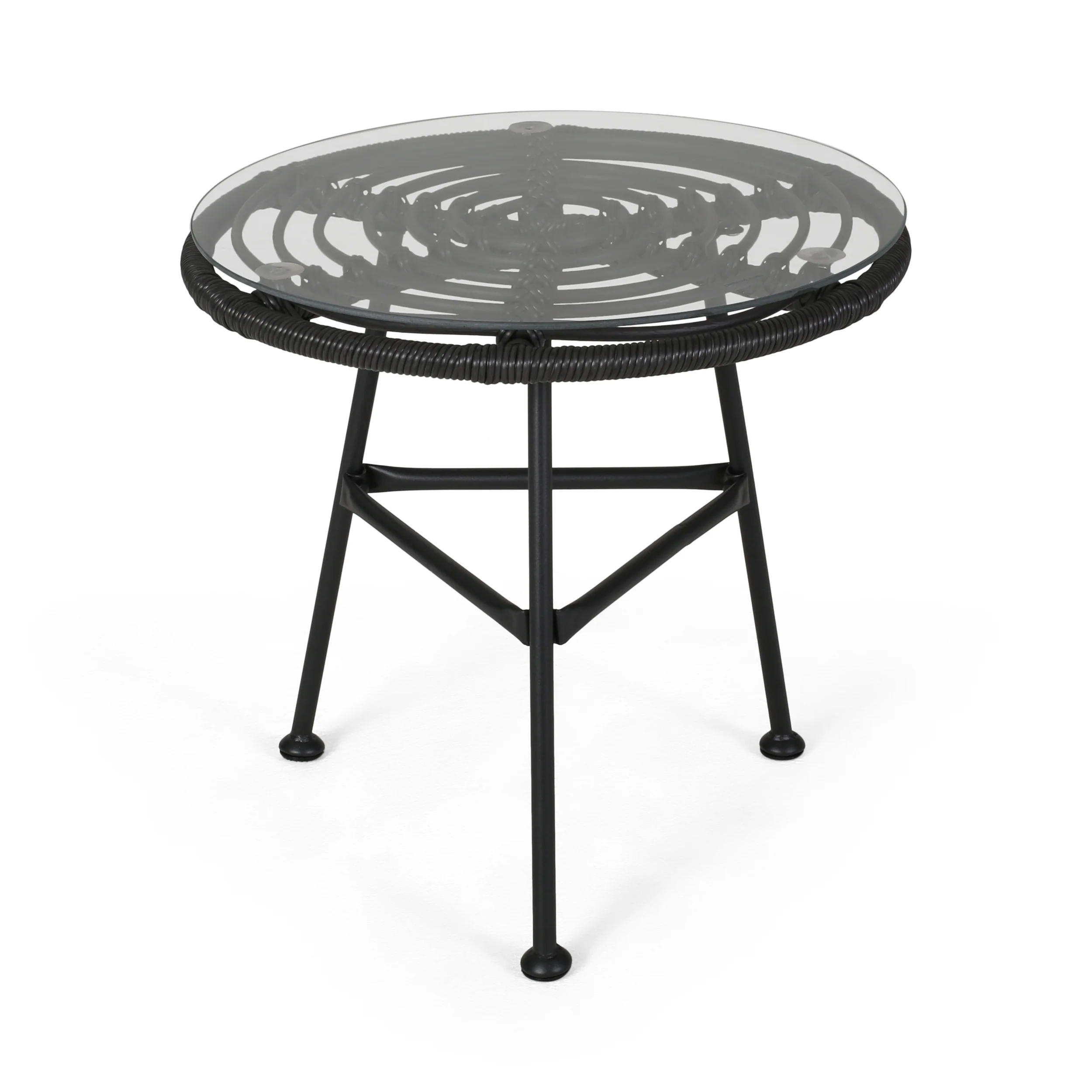 Rodney Outdoor Woven Faux Rattan Side Table with Glass Top - furnishings