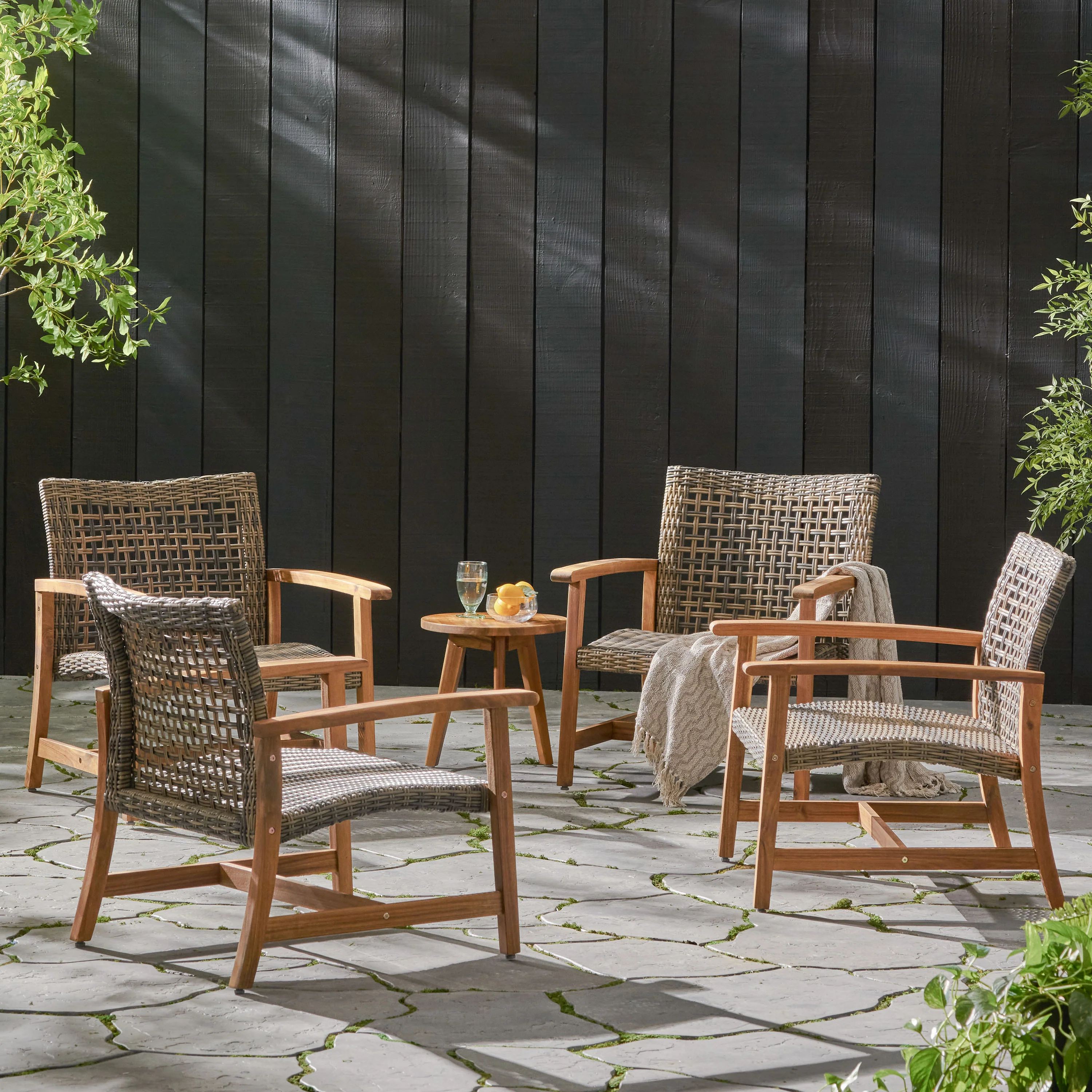 Alyssa Outdoor Mid Century Gray Wicker Club Chairs with Wood Frame (Set of 4) - furnishings