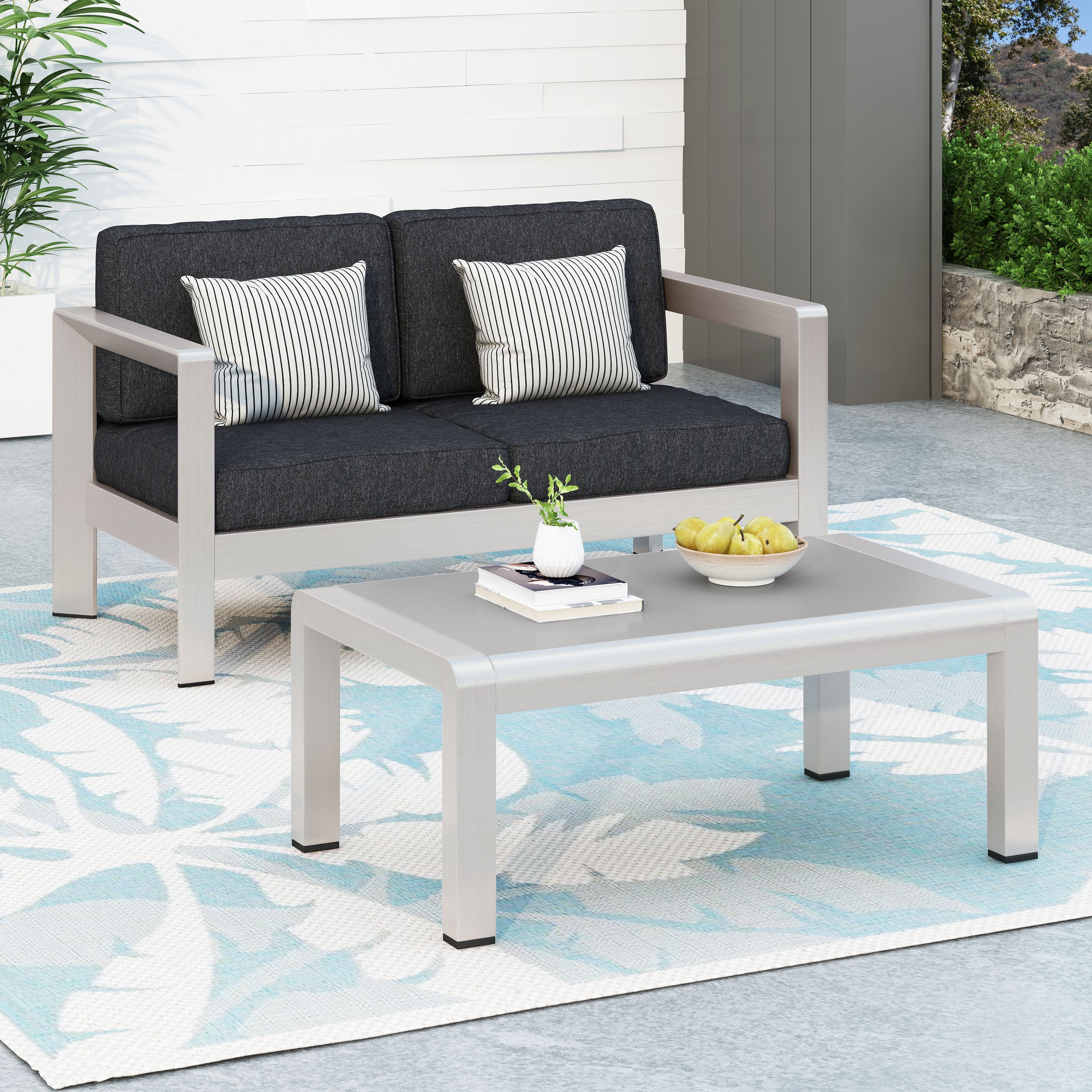 Alec Outdoor Aluminum Loveseat and Tempered Glass-Topped Coffee Table, Silver and Gray - furnishings