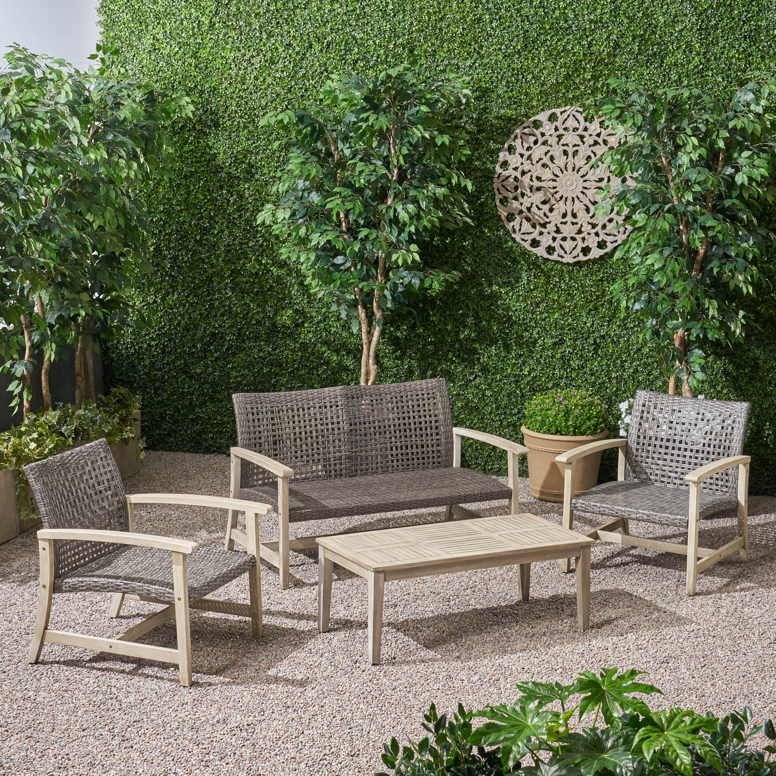 Spring Spender Outdoor 4 Piece Wood and Wicker Chat Set - furnishings