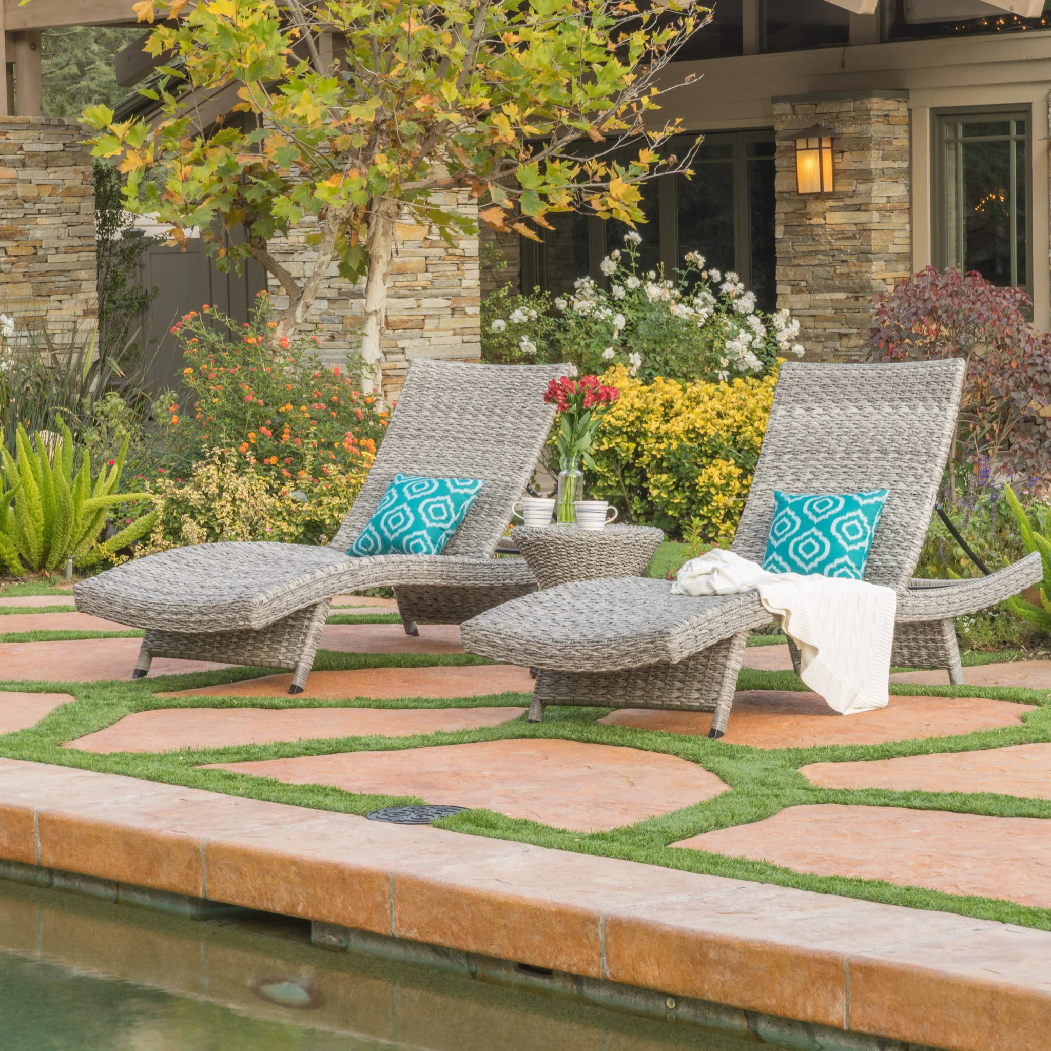 Crystal Outdoor Grey Wicker Chaise Lounge (Set of 2) with Grey Wicker Table - furnishings